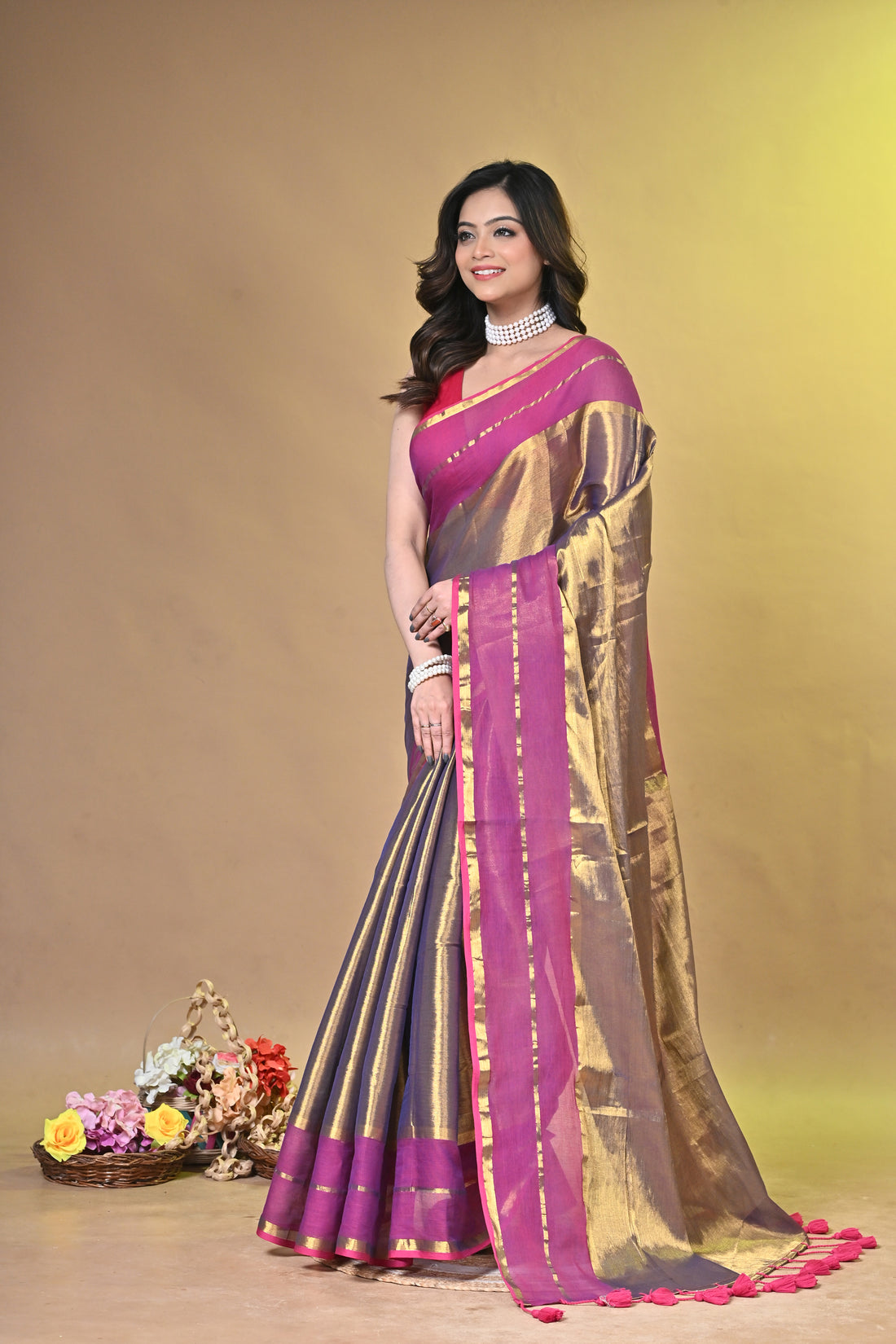 Pink and Golden Tissue Cotton Handloom Saree with Elegant Border