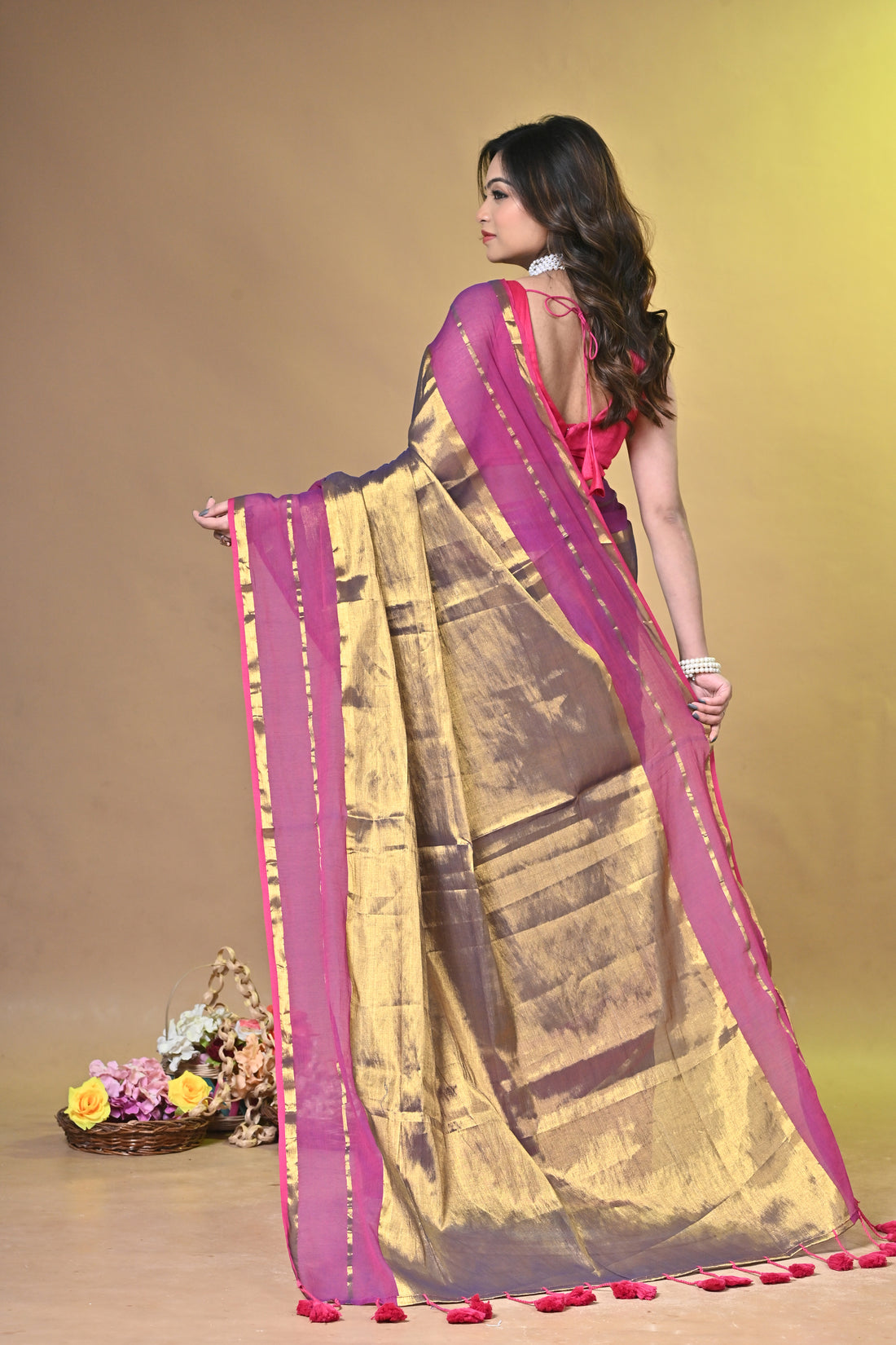 Pink and Golden Tissue Cotton Handloom Saree with Elegant Border