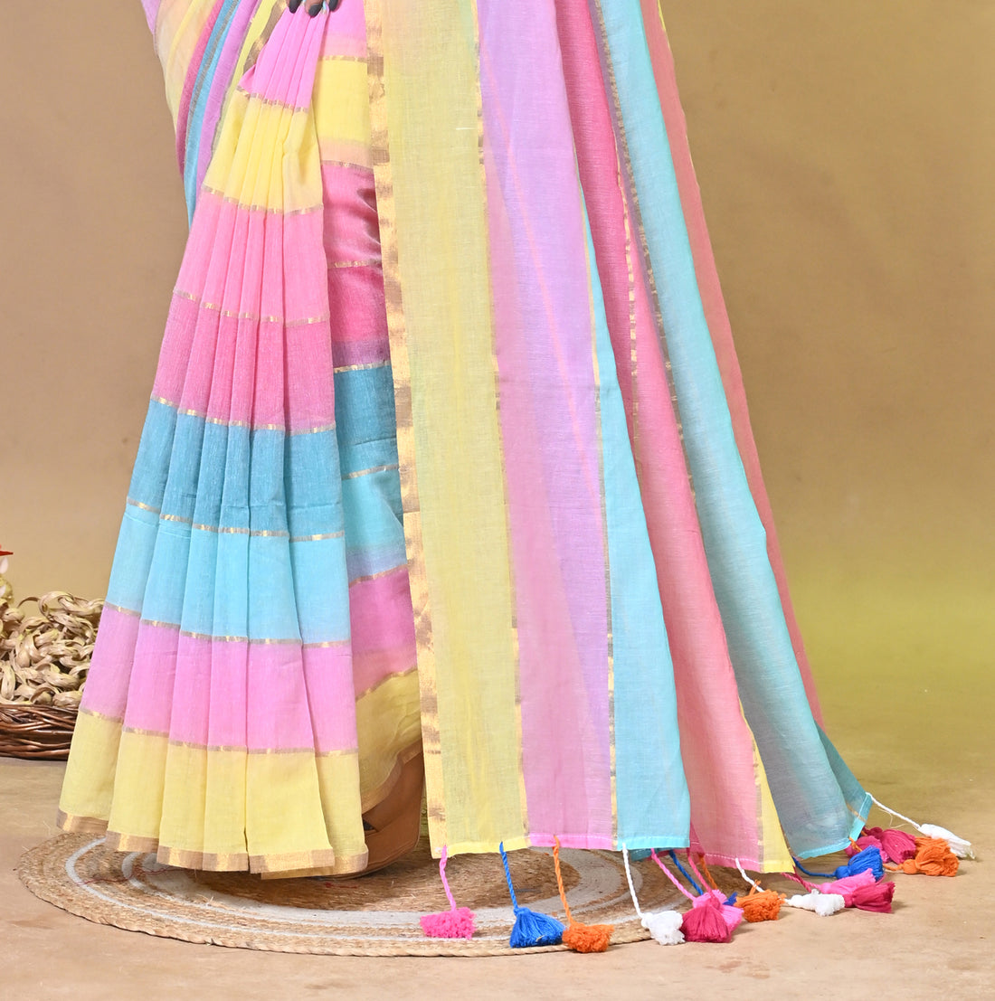 Rainbow Multicolor Handloom Saree with Pastel Striped Design