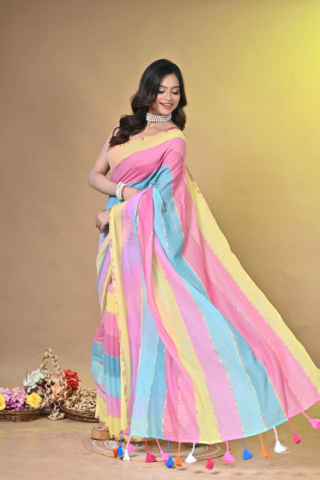 Rainbow Multicolor Handloom Saree with Pastel Striped Design