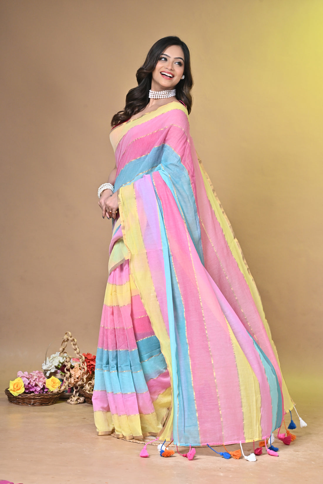 Rainbow Multicolor Handloom Saree with Pastel Striped Design