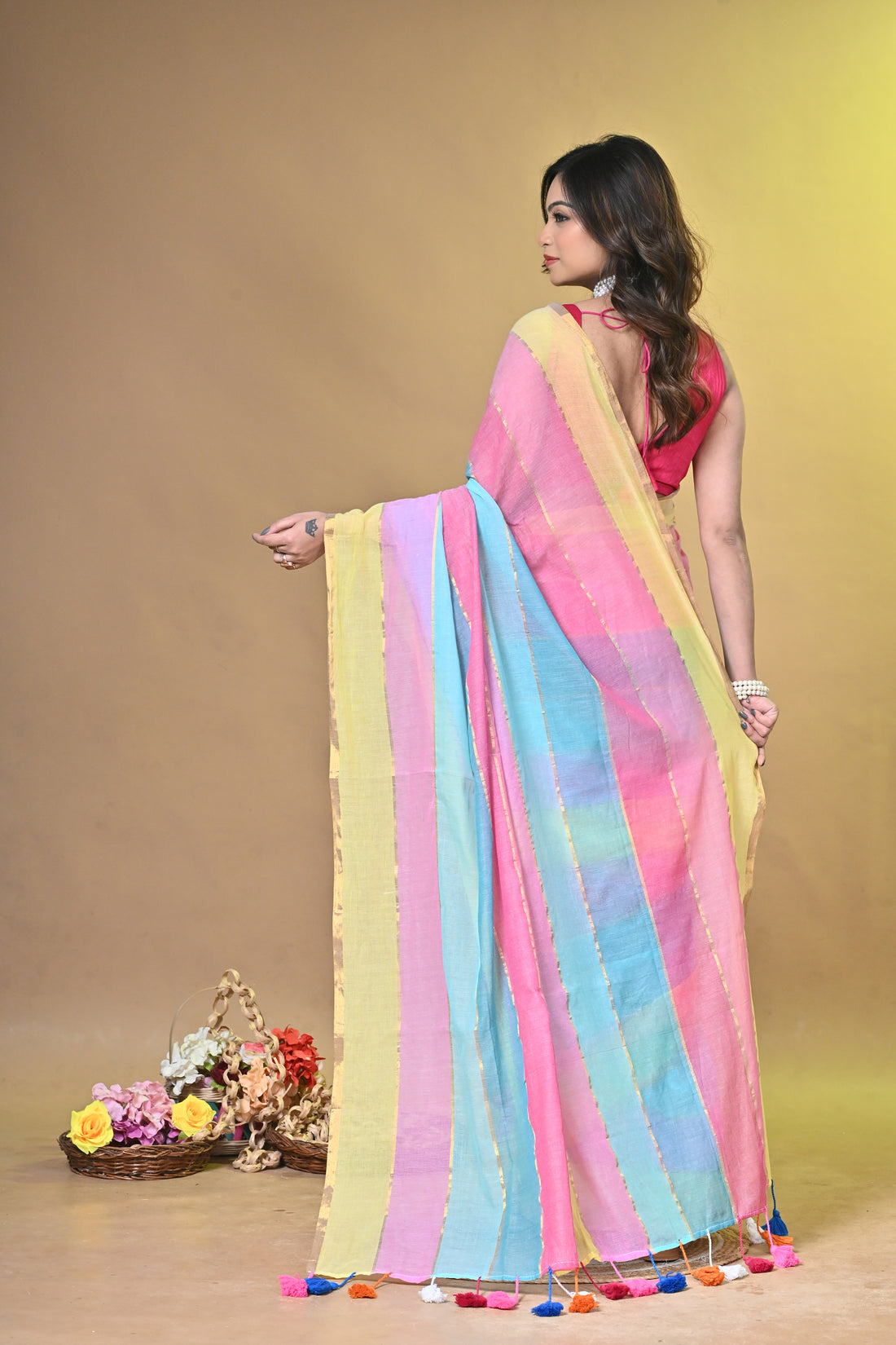 Rainbow Multicolor Handloom Saree with Pastel Striped Design