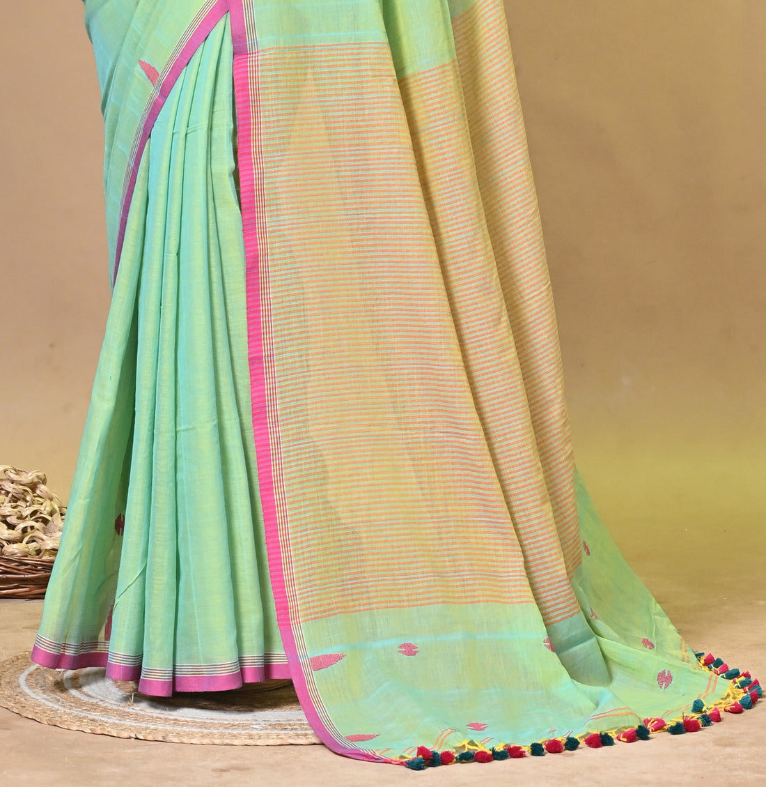 Light Green Pure Cotton Handloom Saree with Buti Motifs and Striped Design