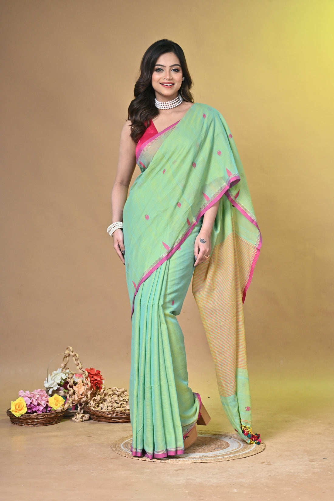 Light Green Pure Cotton Handloom Saree with Buti Motifs and Striped Design