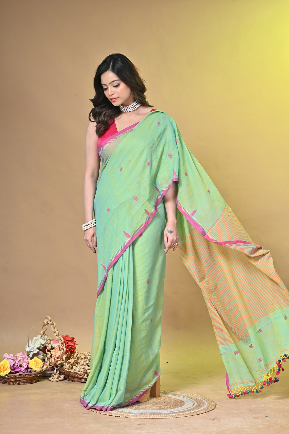 Light Green Pure Cotton Handloom Saree with Buti Motifs and Striped Design