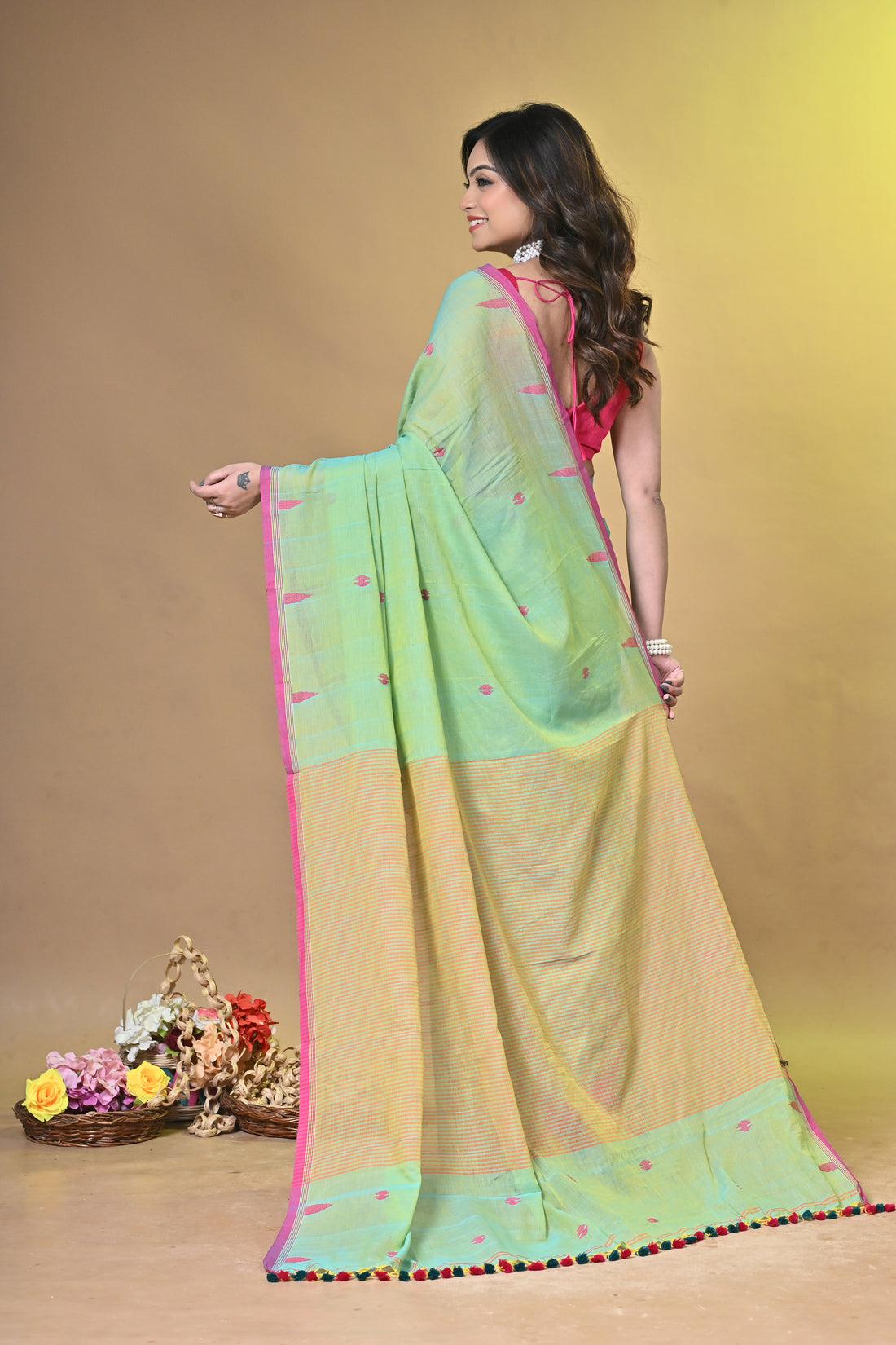 Light Green Pure Cotton Handloom Saree with Buti Motifs and Striped Design