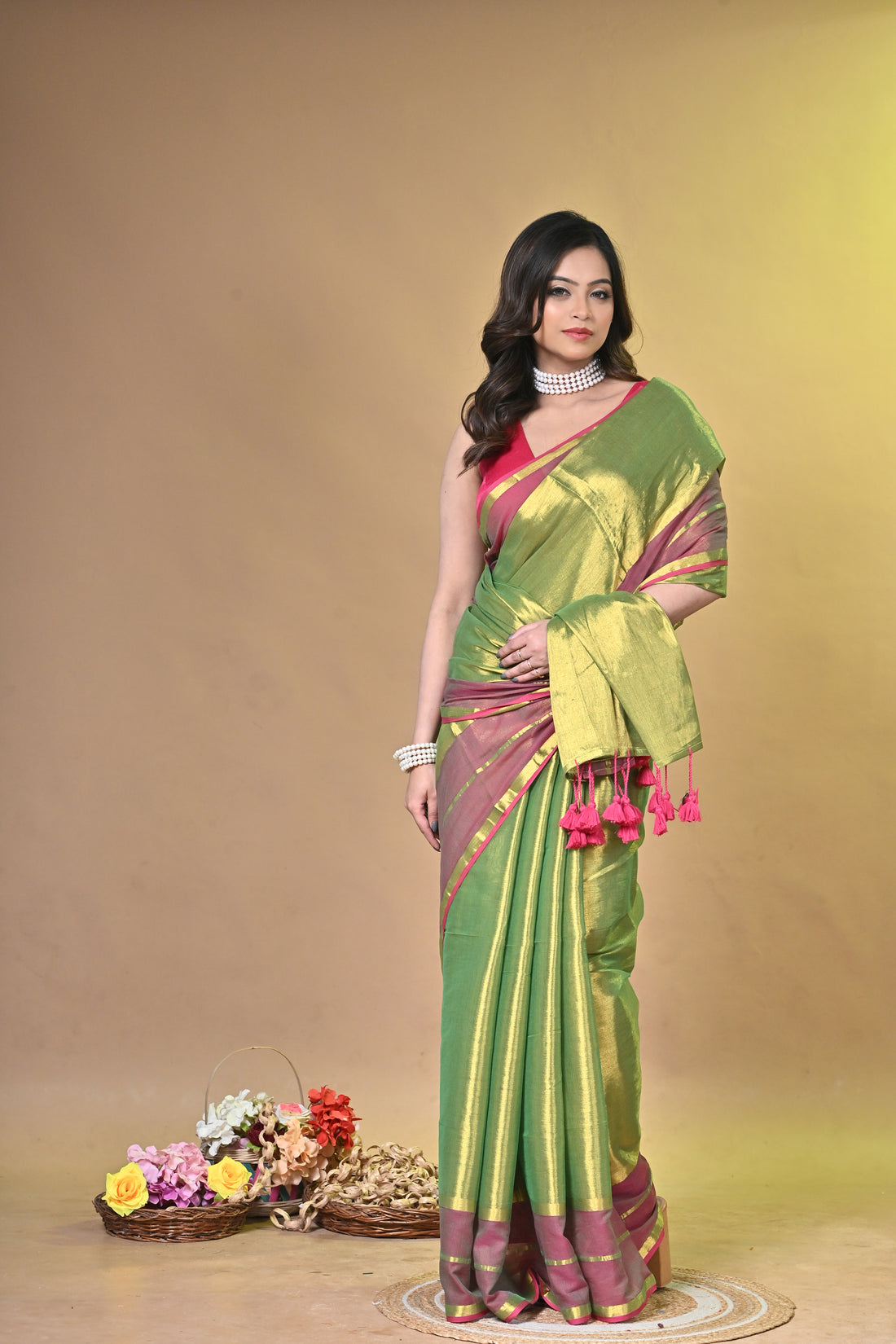 Pink and Light Green Tissue Cotton Handloom Saree with Contrast Border