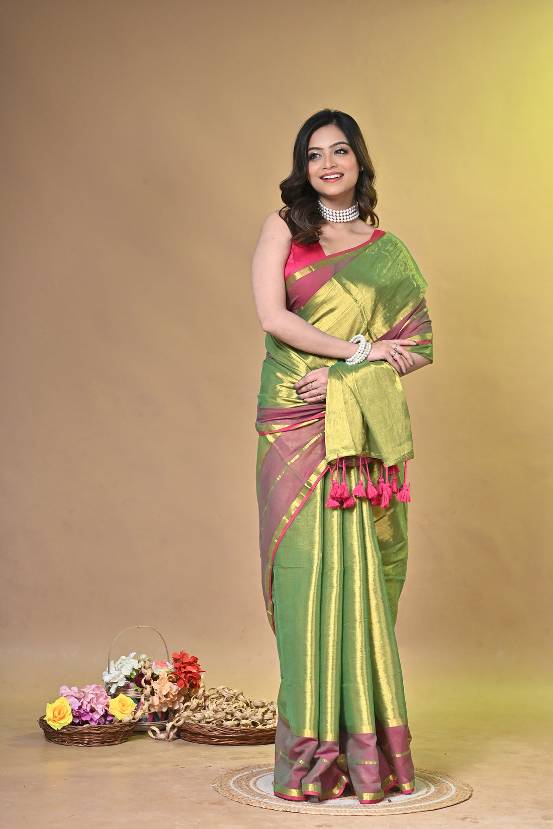 Pink and Light Green Tissue Cotton Handloom Saree with Contrast Border