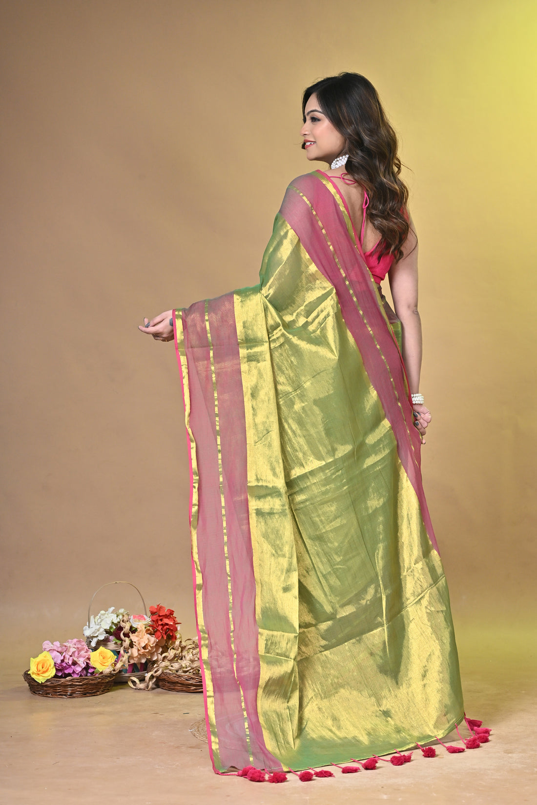 Pink and Light Green Tissue Cotton Handloom Saree with Contrast Border