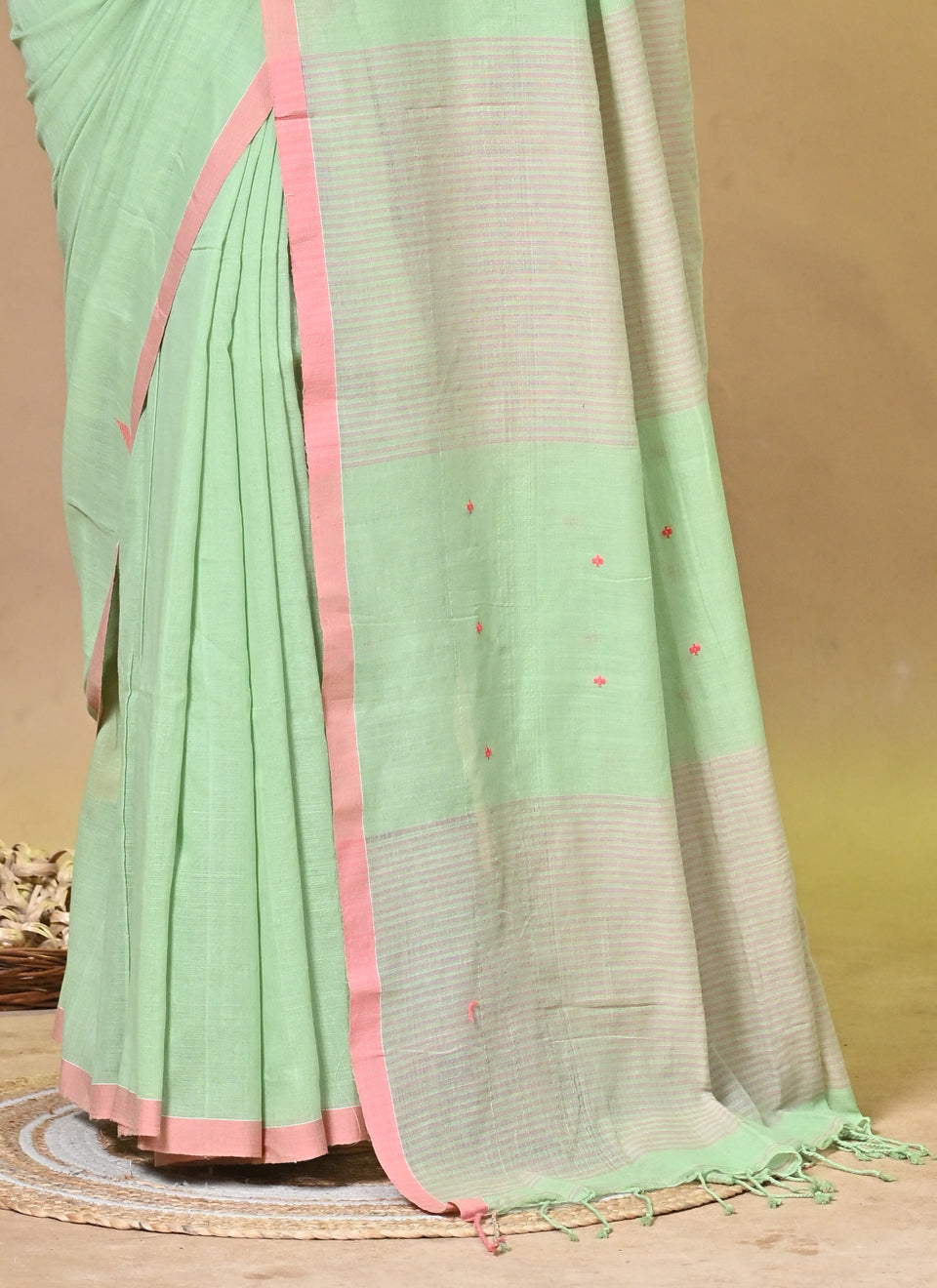 Green Pure Cotton Handloom Saree with Multicolor Striped Design