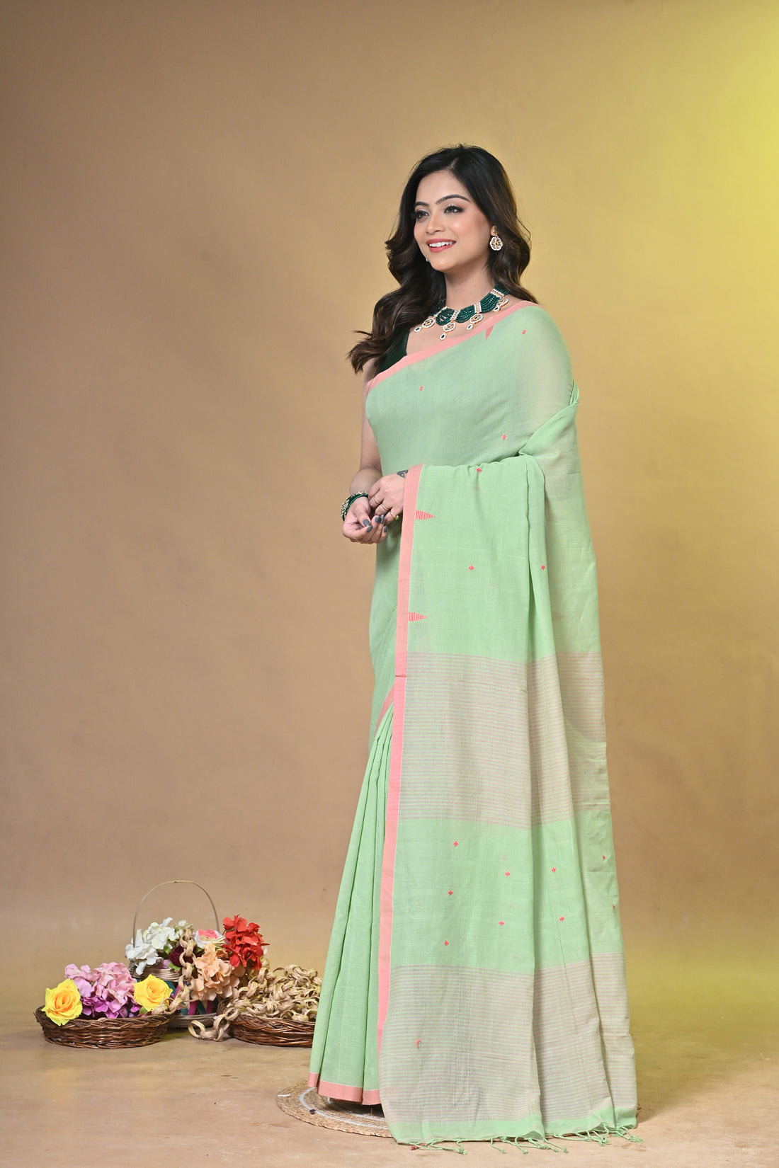 Green Pure Cotton Handloom Saree with Multicolor Striped Design