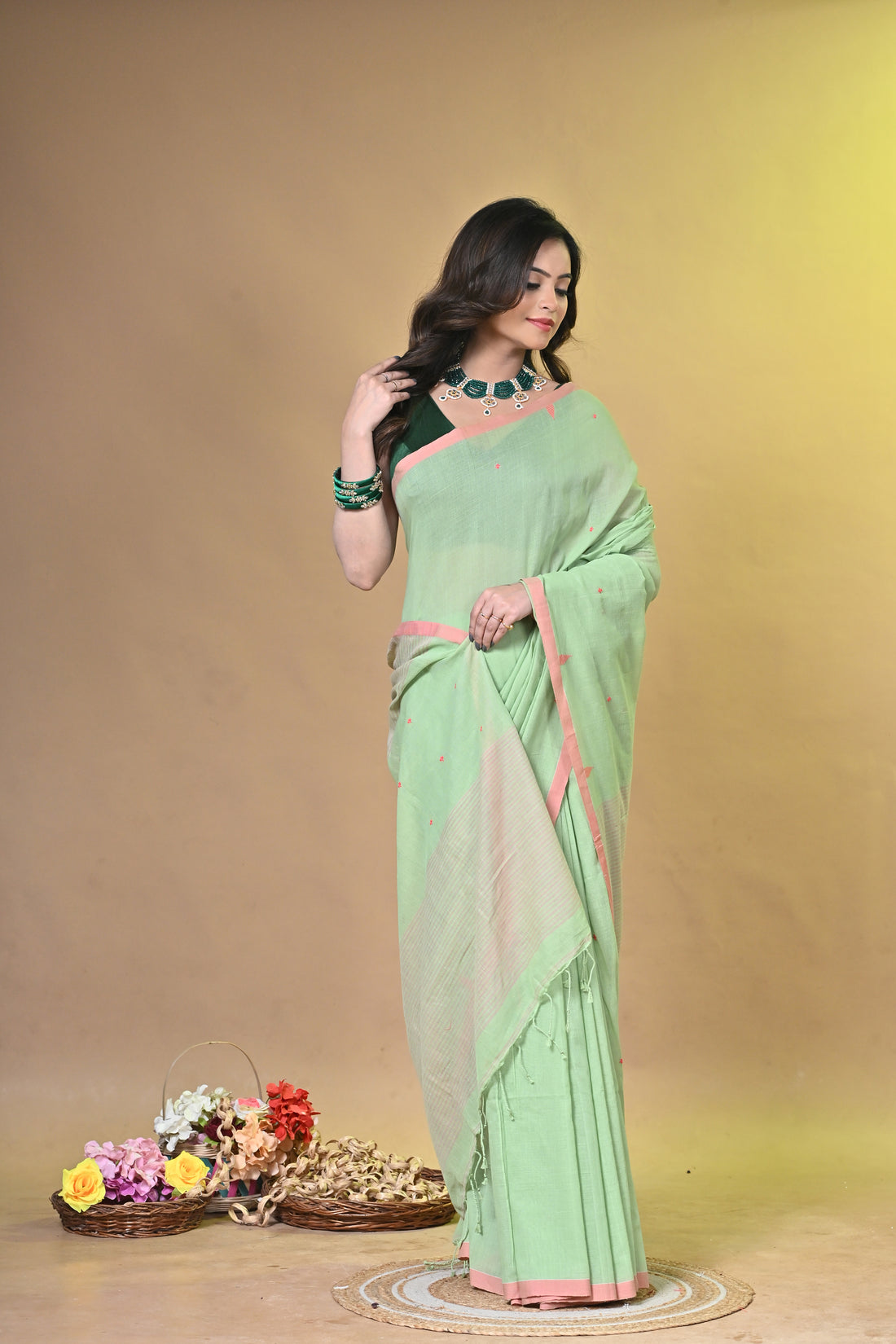 Green Pure Cotton Handloom Saree with Multicolor Striped Design