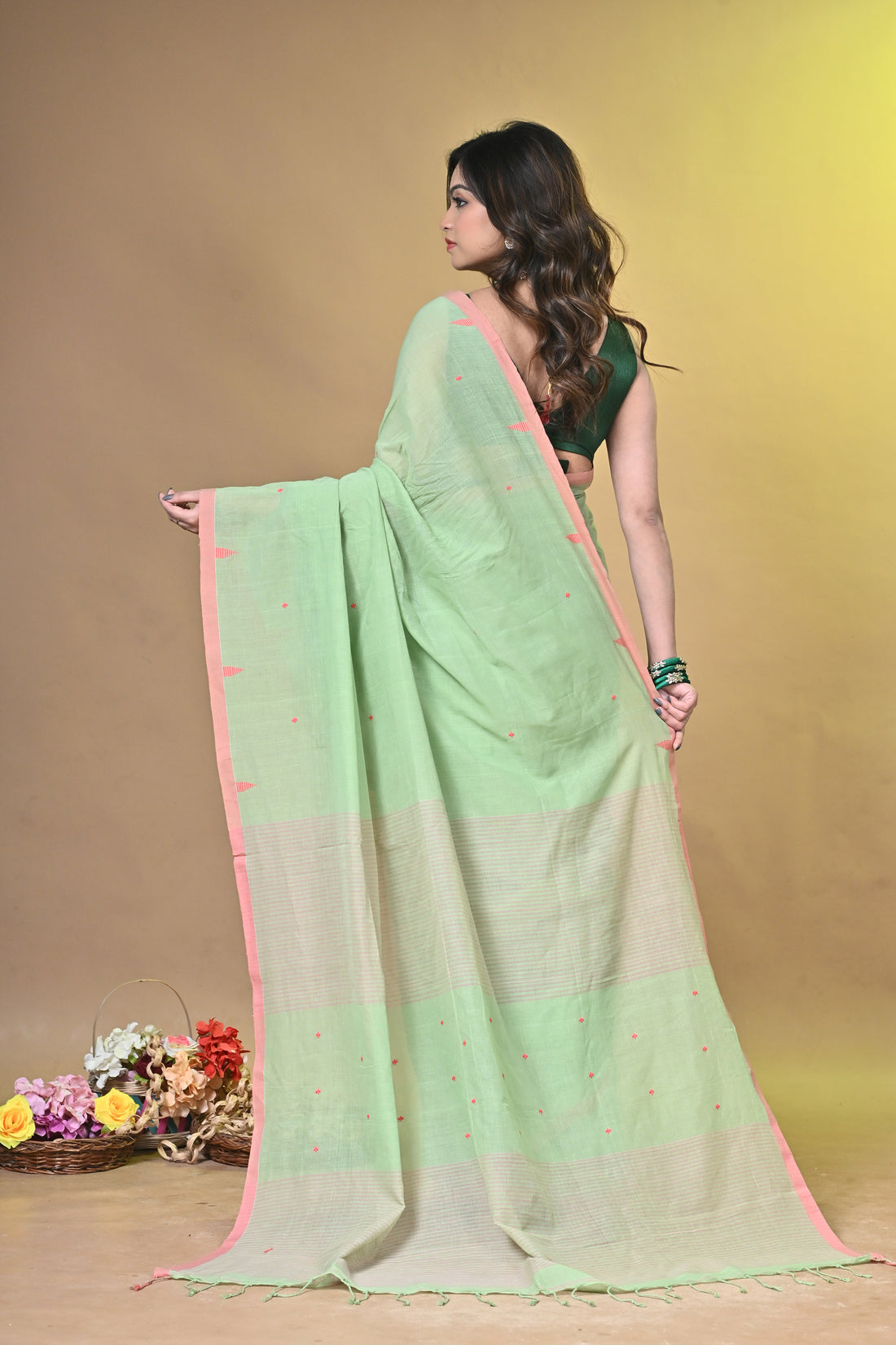 Green Pure Cotton Handloom Saree with Multicolor Striped Design