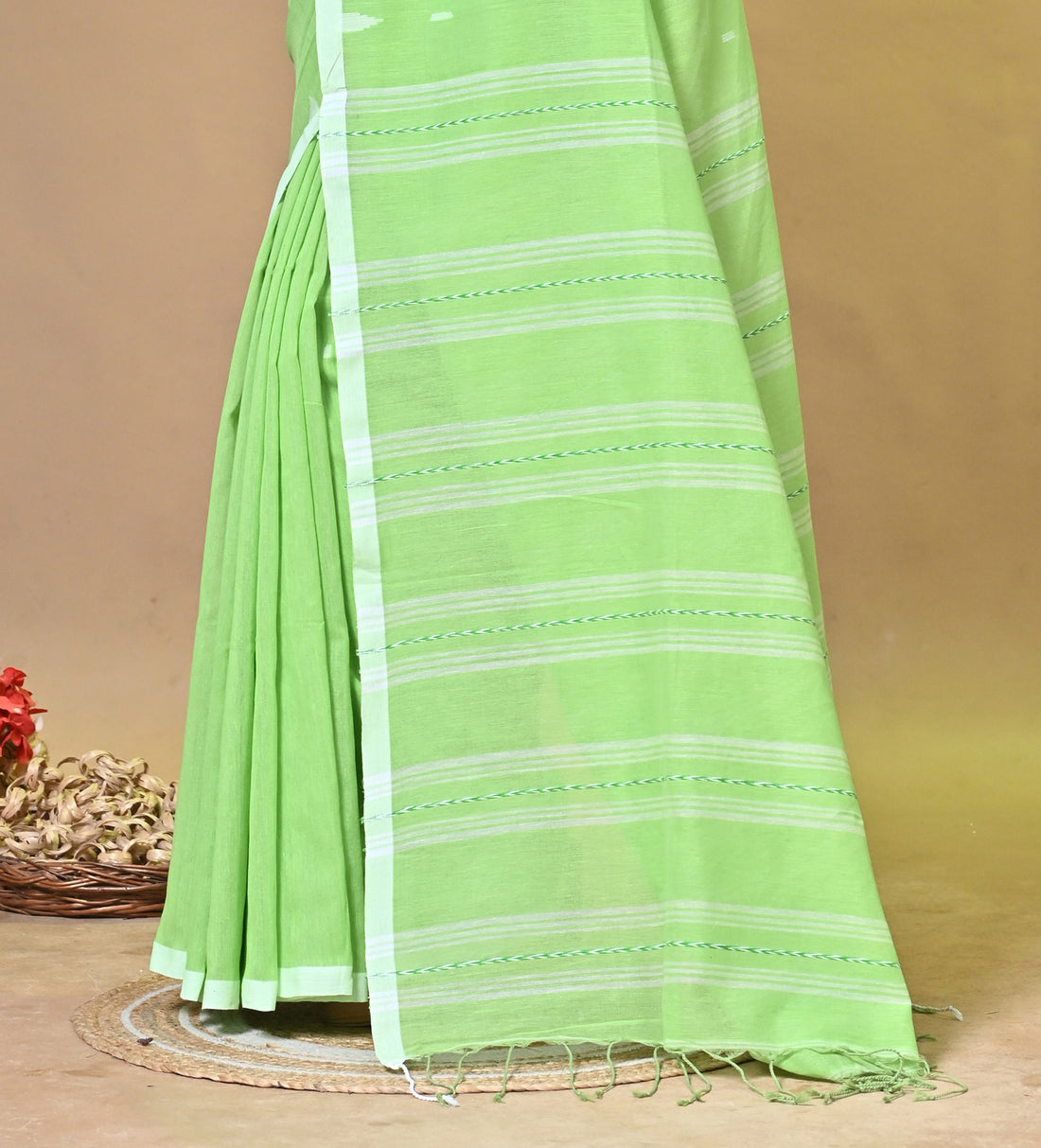 Green Pure Khadi Cotton Handloom Saree with Traditional Striped Design