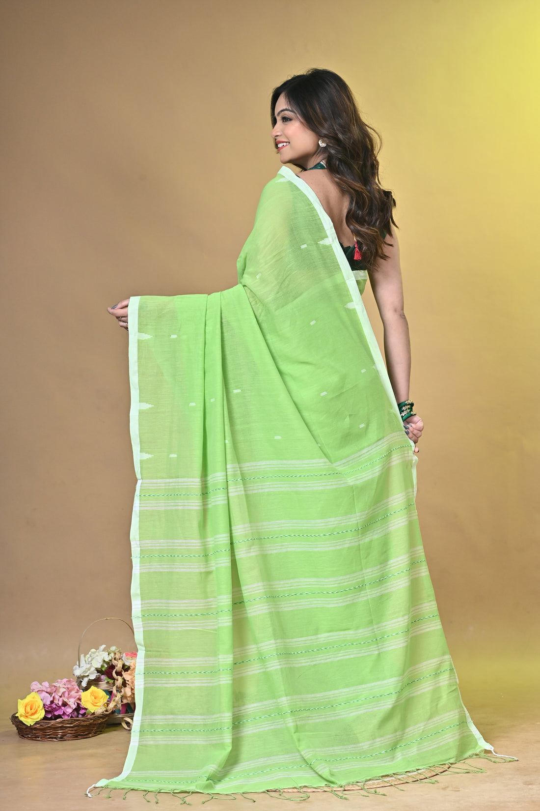 Green Pure Khadi Cotton Handloom Saree with Traditional Striped Design