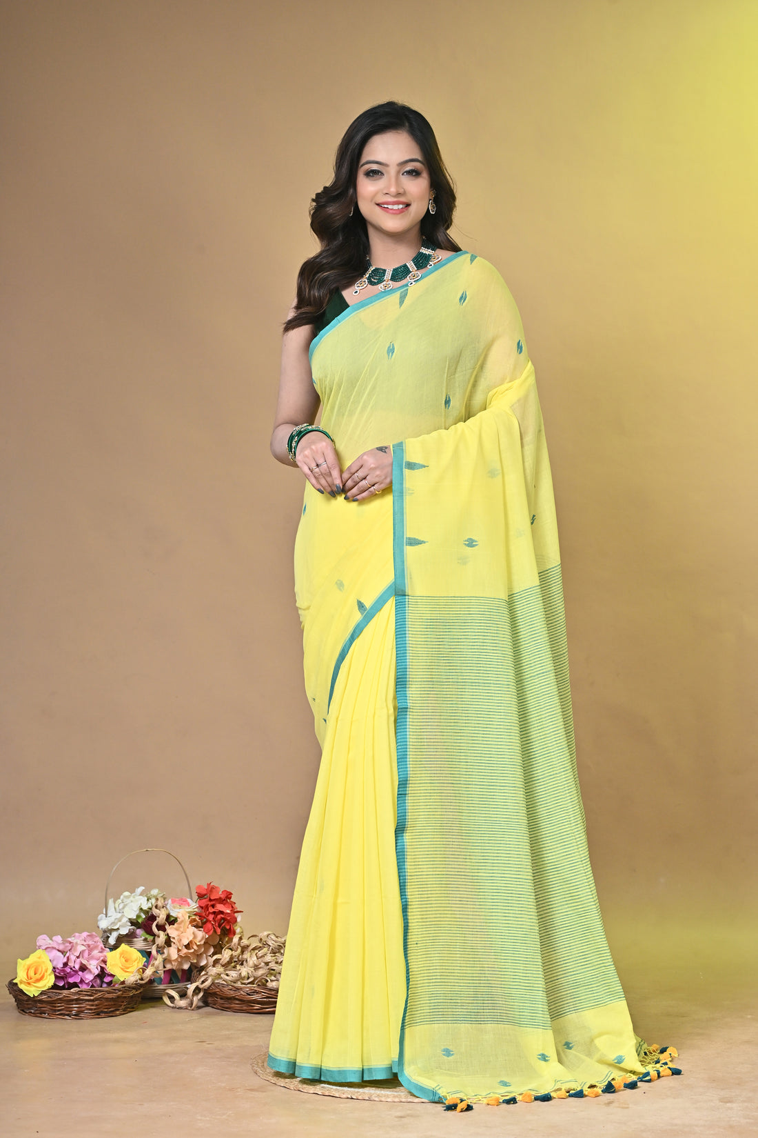 Pure Cotton Yellow Buti Saree with Green Border