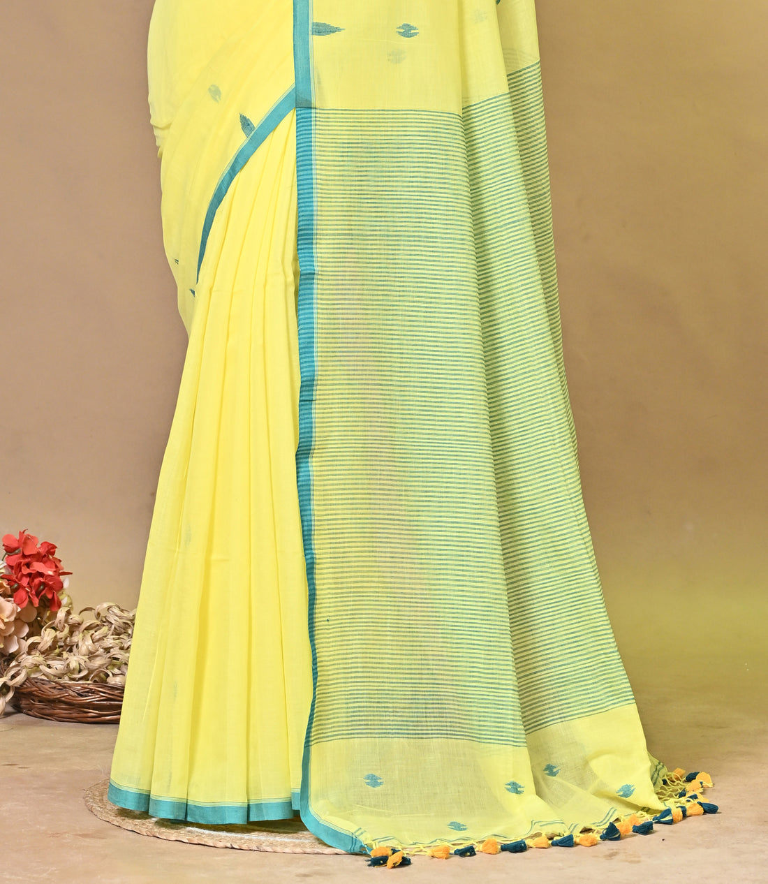 Pure Cotton Yellow Buti Saree with Green Border