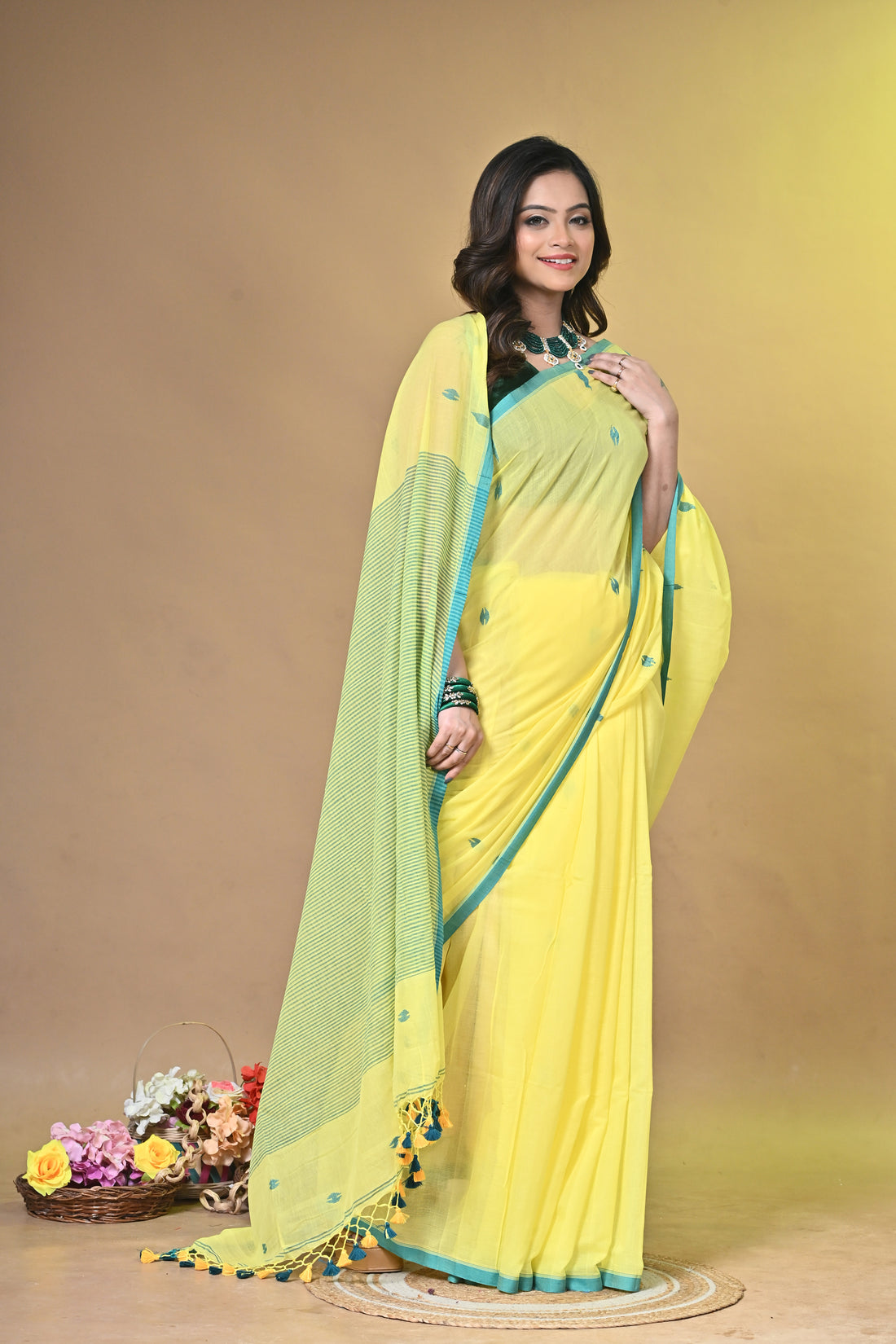 Pure Cotton Yellow Buti Saree with Green Border