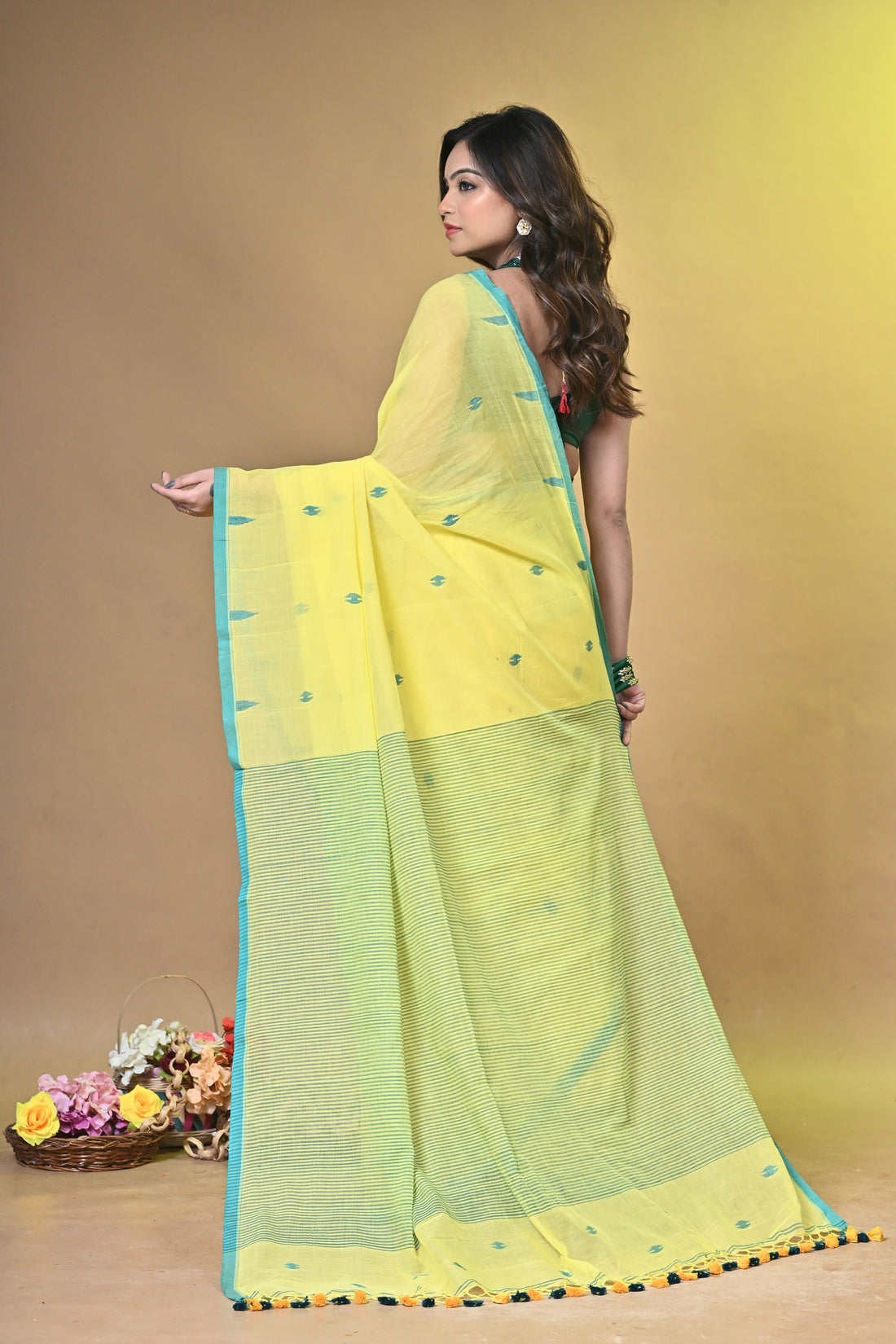 Pure Cotton Yellow Buti Saree with Green Border