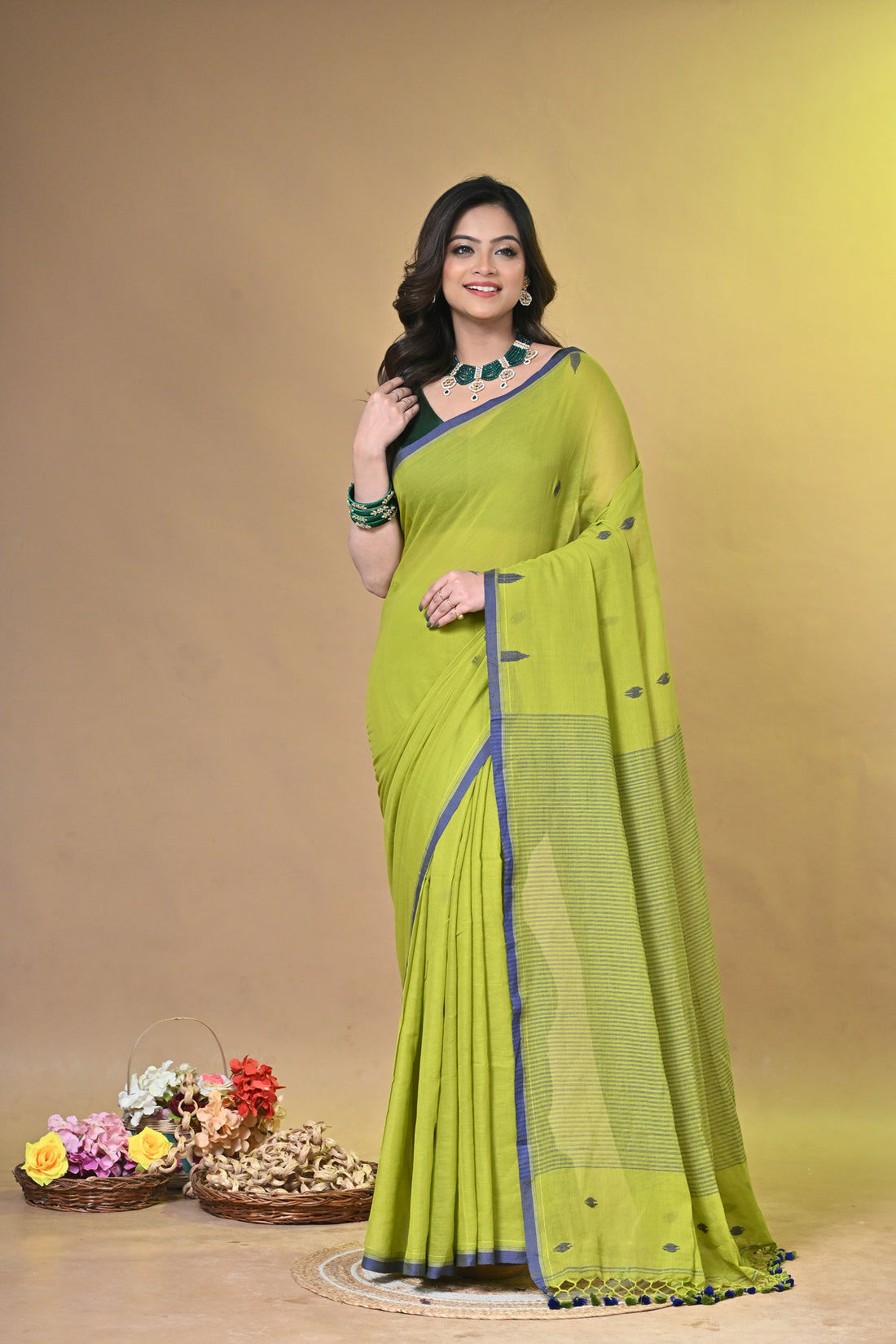 Mustard Green Pure Cotton Handloom Saree with Striped Design