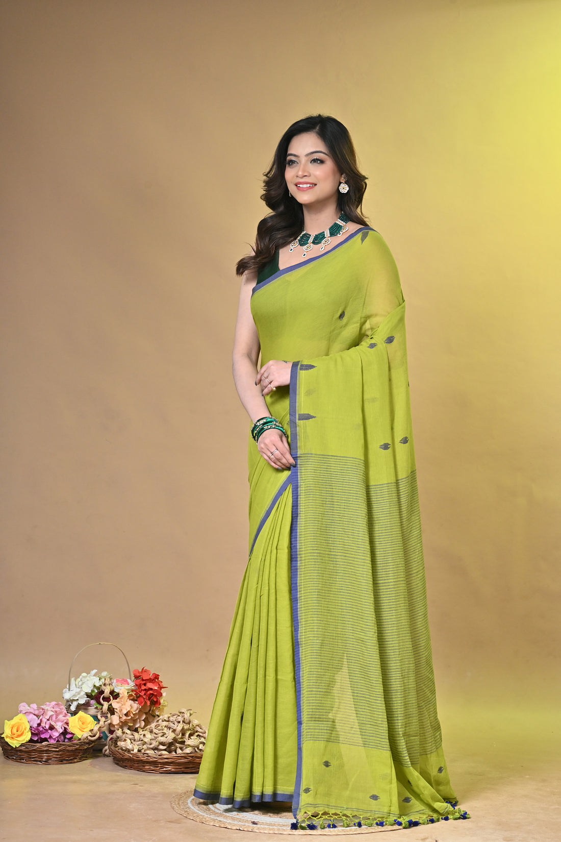 Mustard Green Pure Cotton Handloom Saree with Striped Design