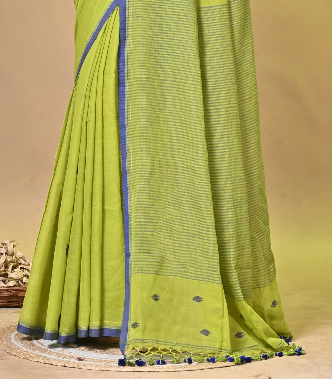 Mustard Green Pure Cotton Handloom Saree with Striped Design