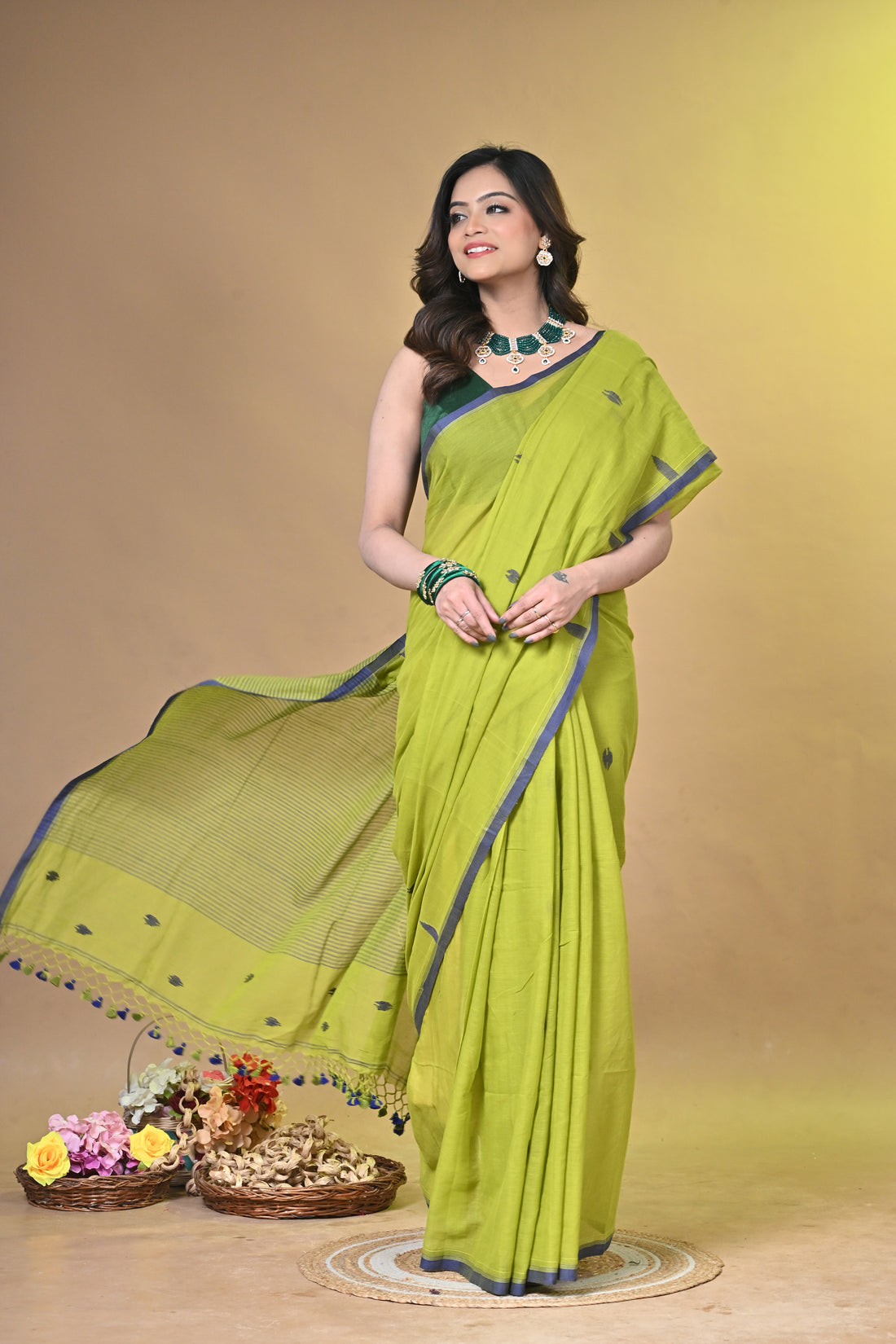 Mustard Green Pure Cotton Handloom Saree with Striped Design