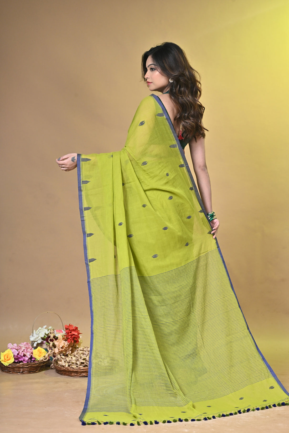 Mustard Green Pure Cotton Handloom Saree with Striped Design