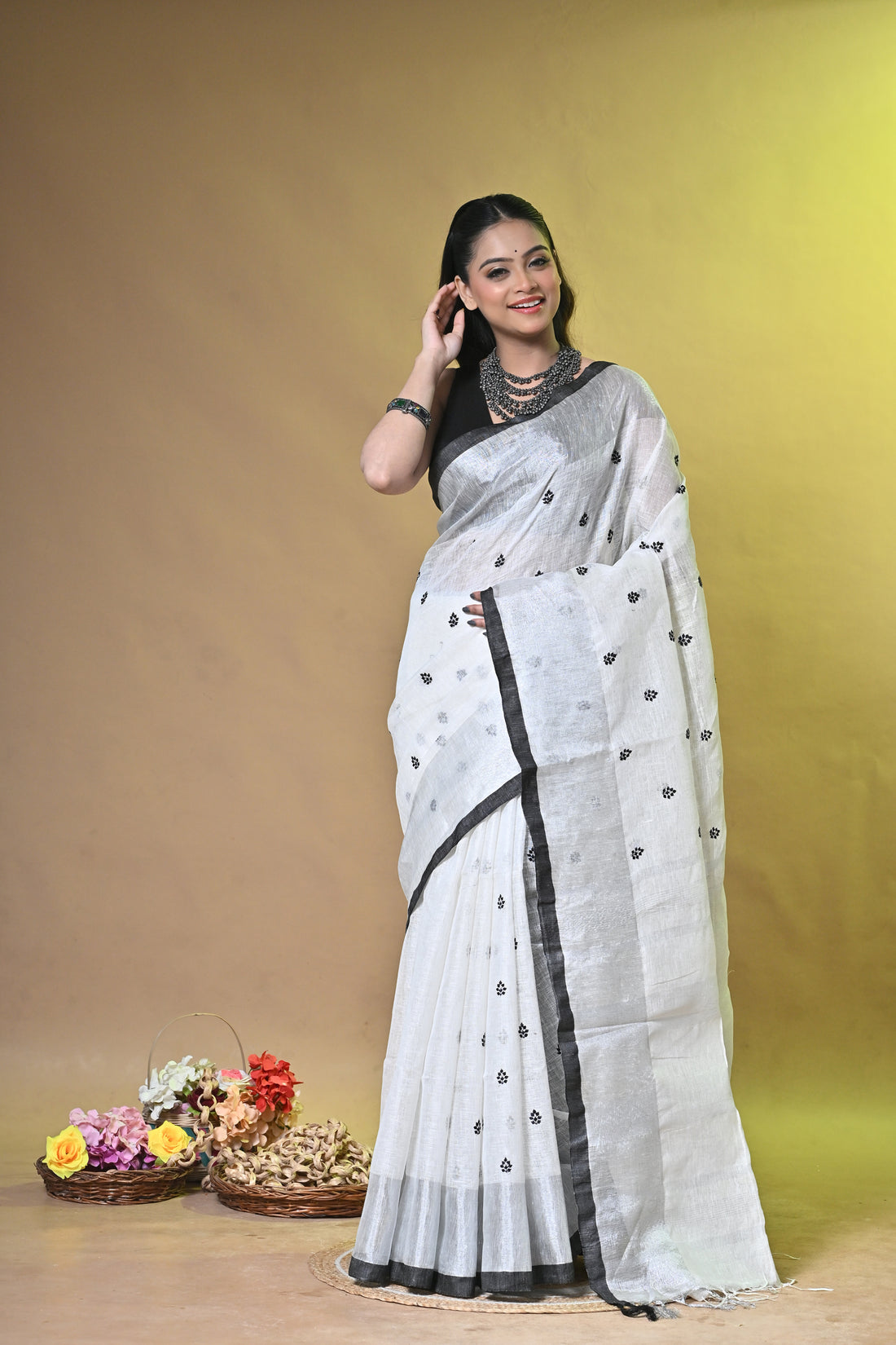 Ivory & Charcoal Linen Embroidered Saree