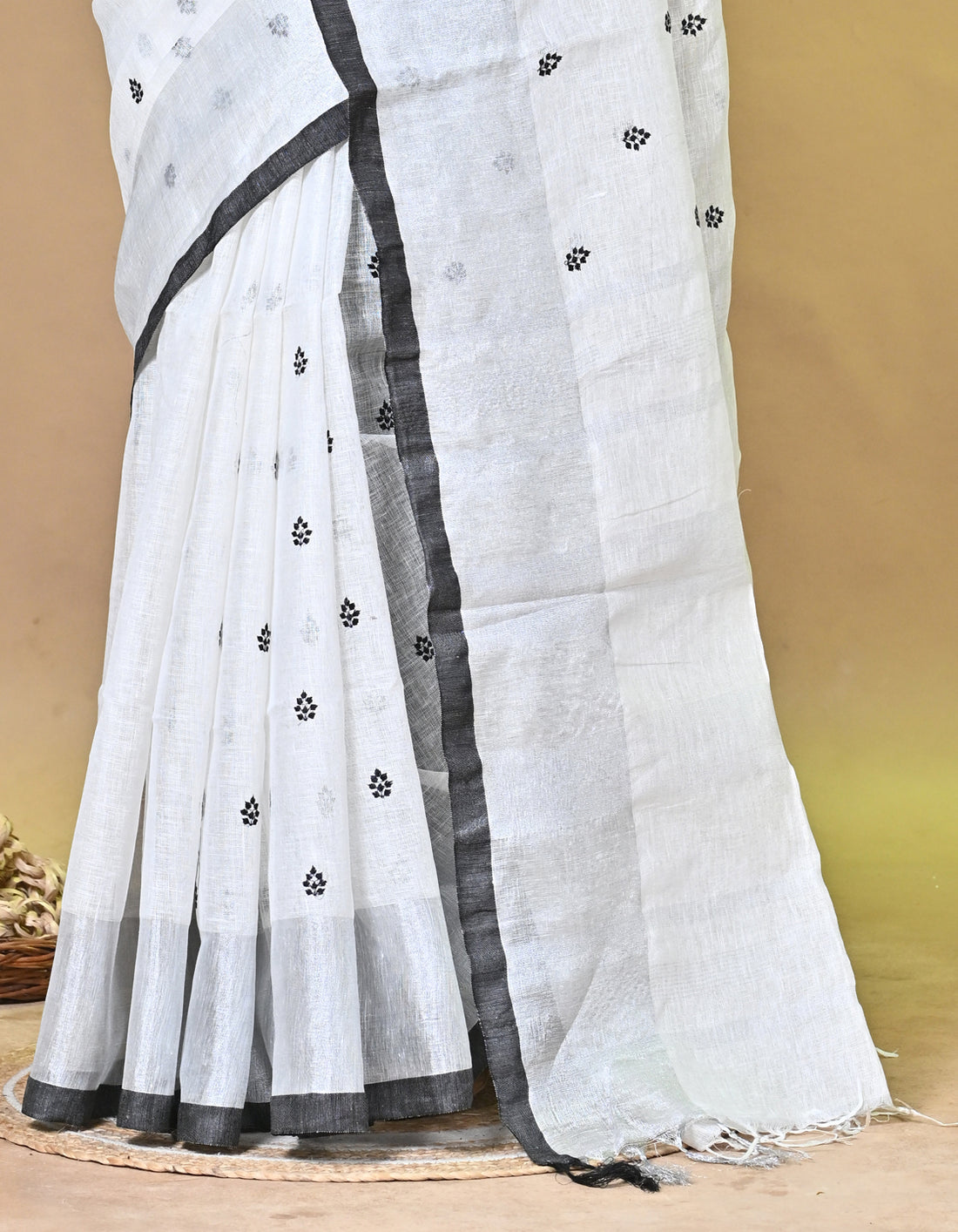 Ivory & Charcoal Linen Embroidered Saree