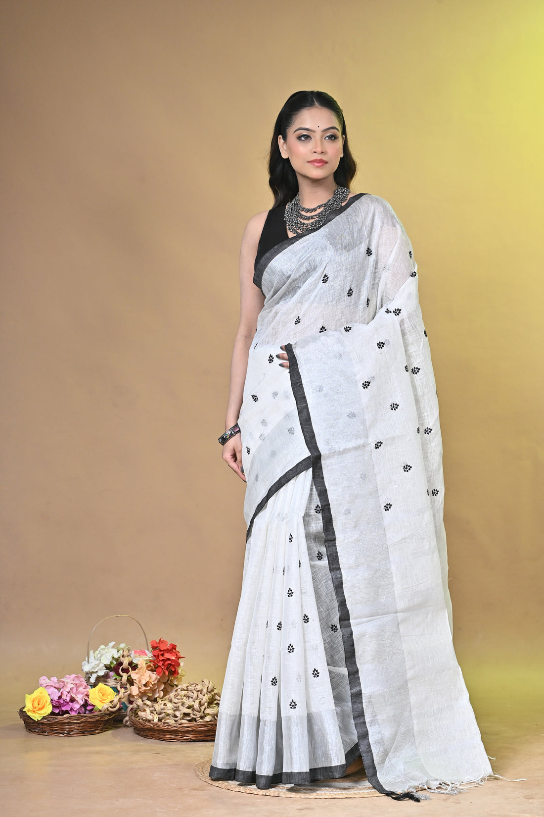 Ivory & Charcoal Linen Embroidered Saree