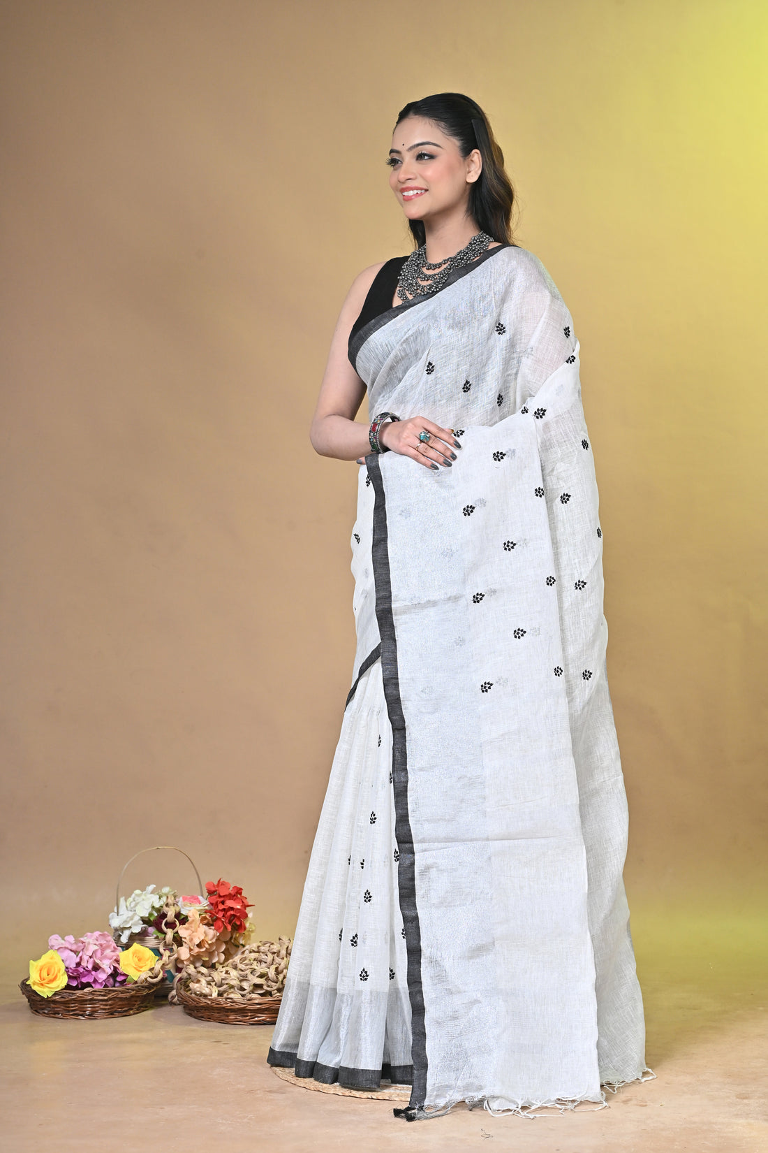 Ivory & Charcoal Linen Embroidered Saree