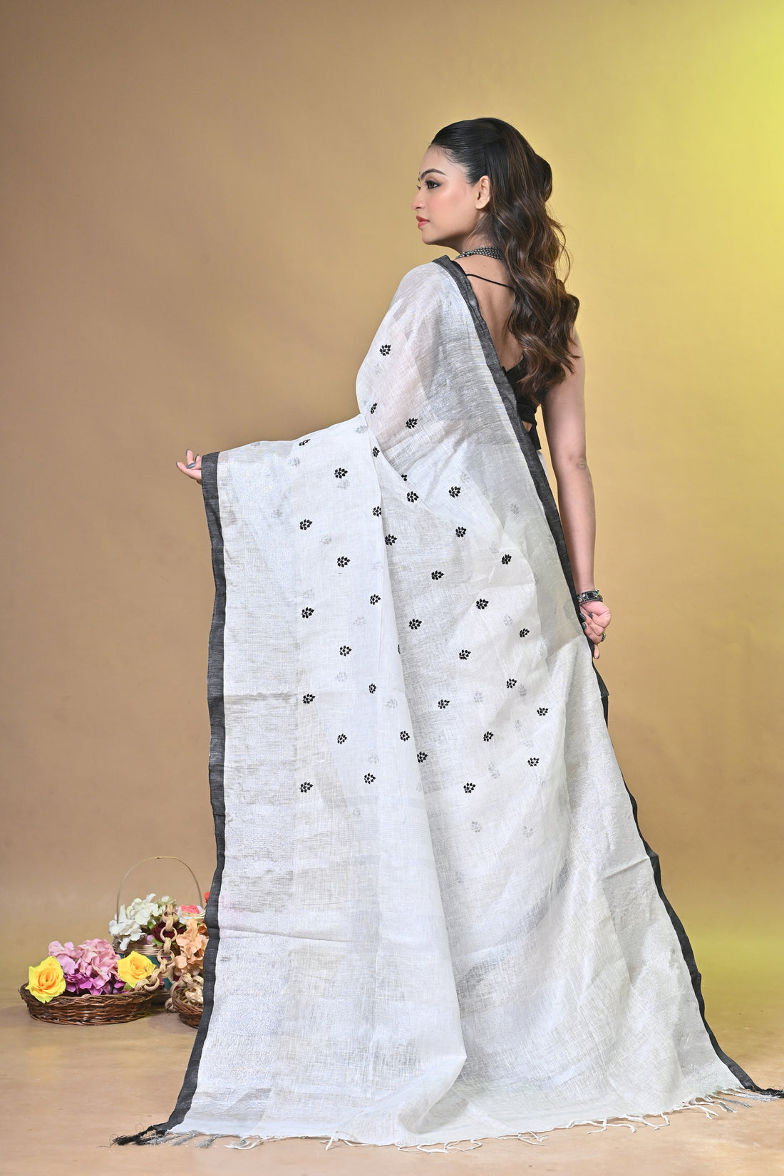 Ivory & Charcoal Linen Embroidered Saree