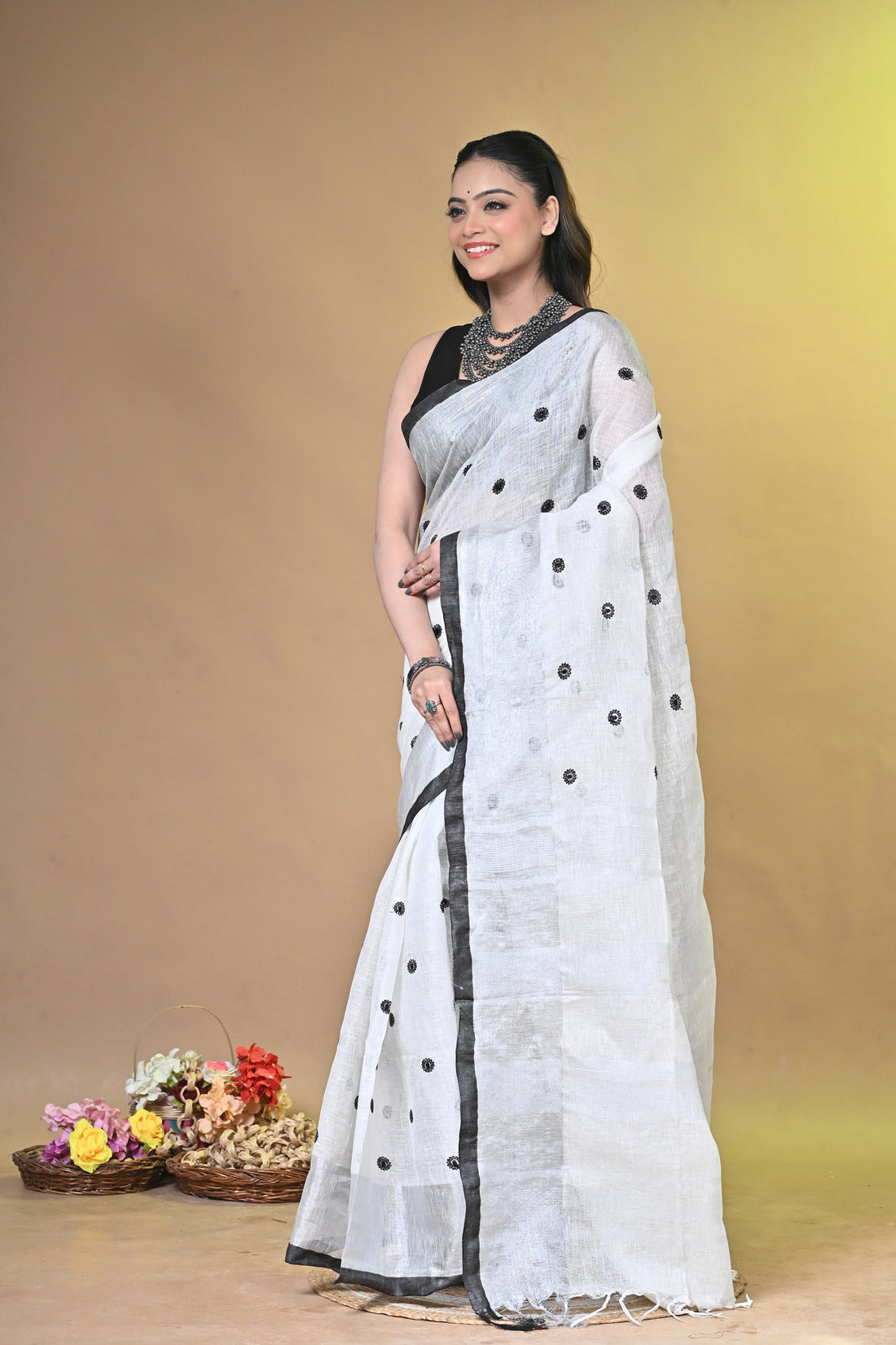 Minimal Linen Saree with Subtle Embroidery