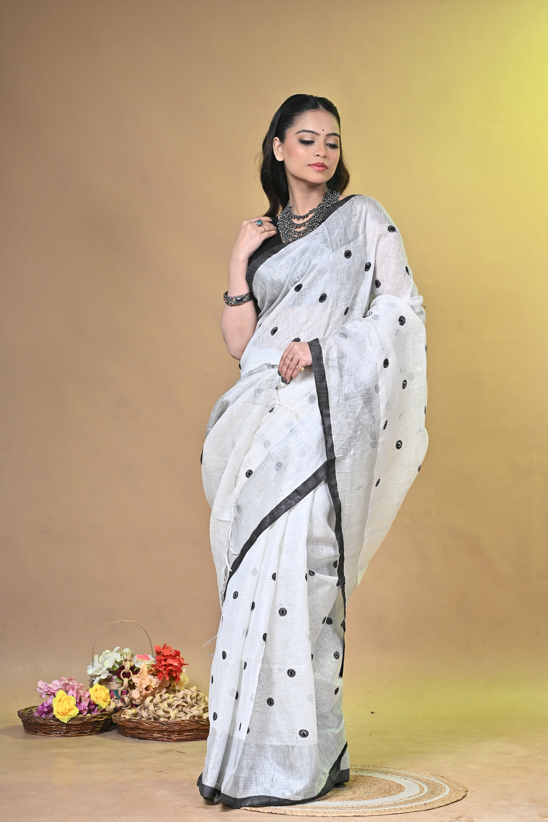 Minimal Linen Saree with Subtle Embroidery