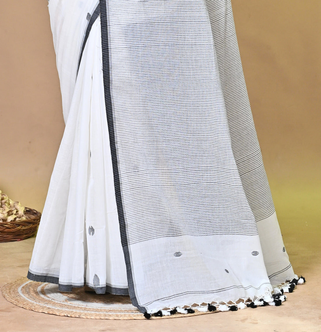Off White Pure Cotton Handloom Saree with Striped Design and Tassel Pallu