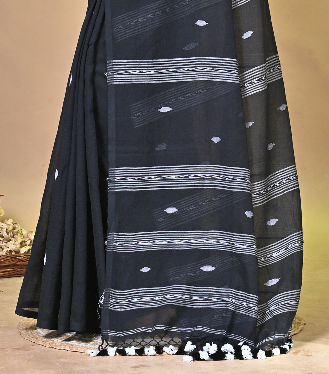 Charcoal Grey Pure Cotton Handloom Saree with Buti Motifs and Striped Border