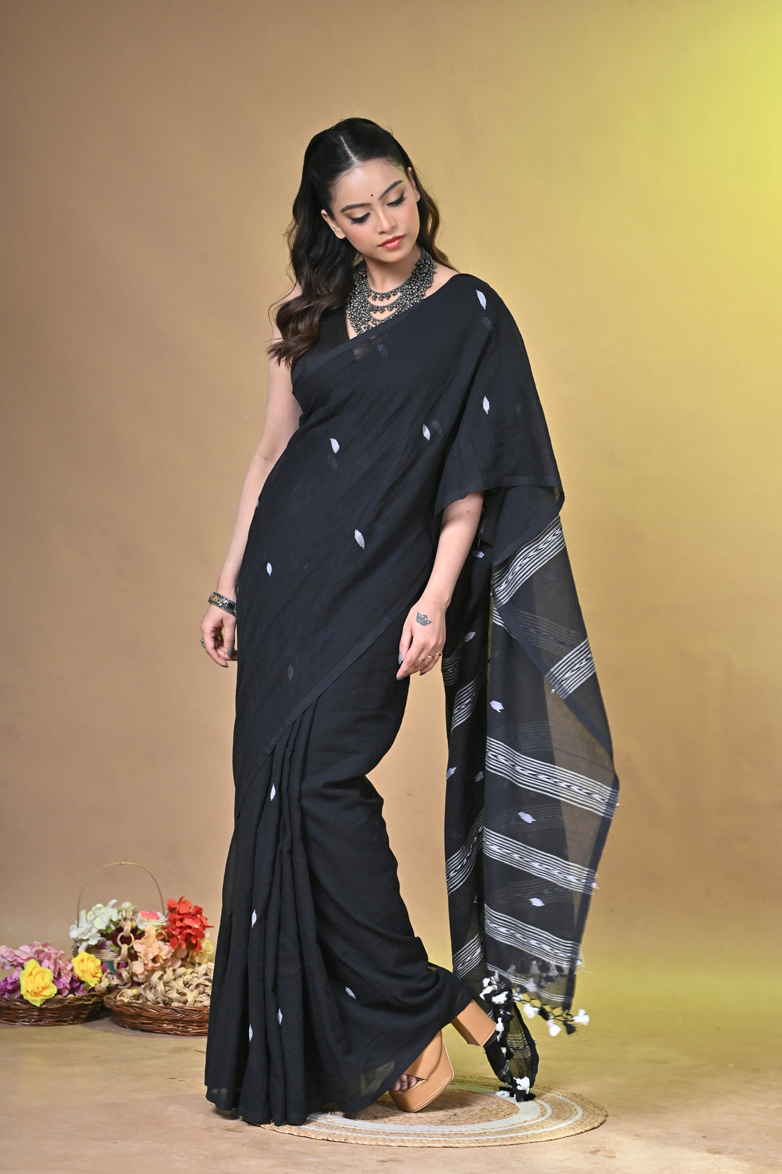 Charcoal Grey Pure Cotton Handloom Saree with Buti Motifs and Striped Border