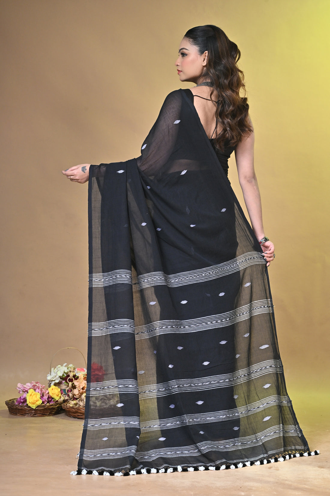 Charcoal Grey Pure Cotton Handloom Saree with Buti Motifs and Striped Border