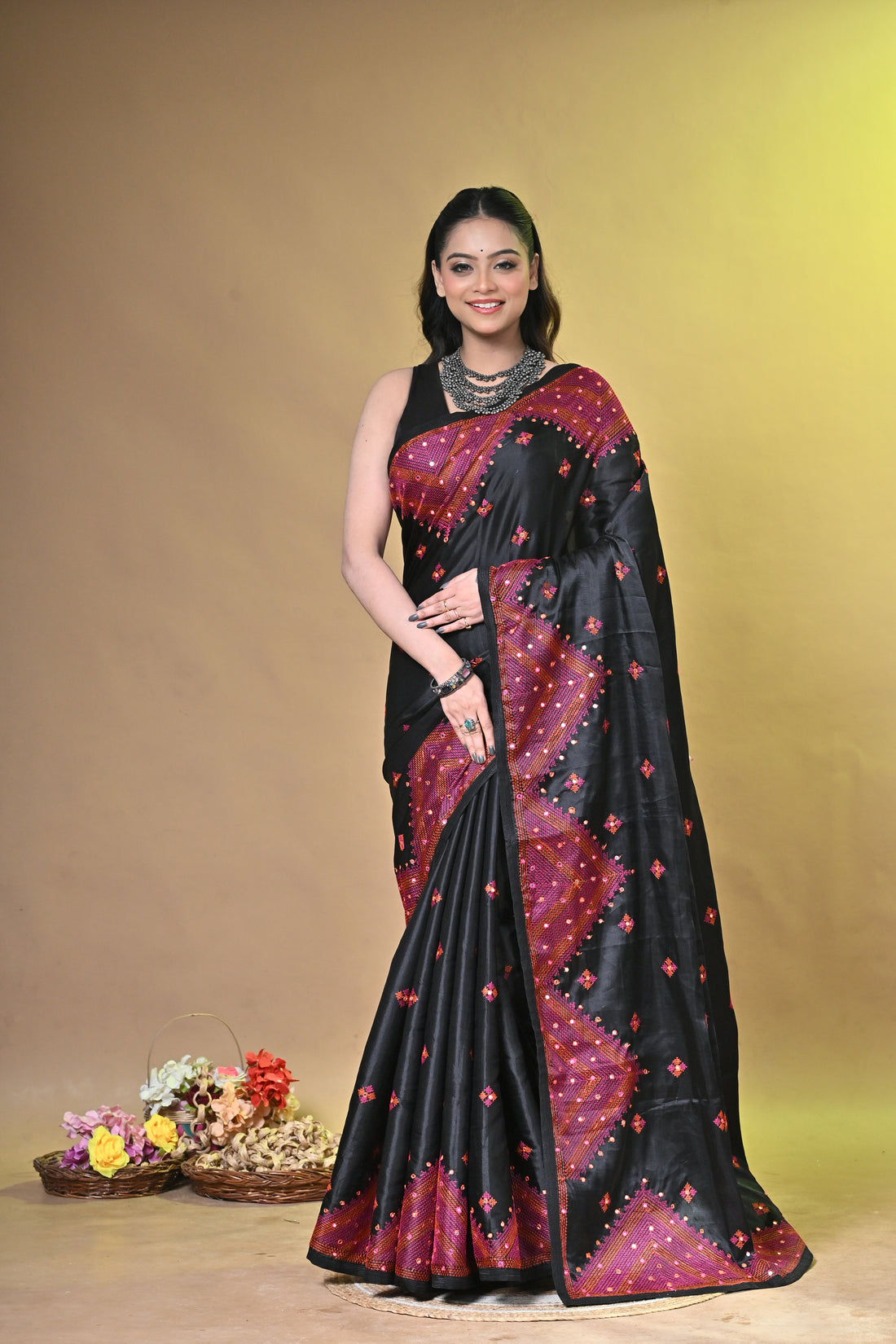 Black Kachhi Dupion Silk Saree with Buti Motifs and Designer Border