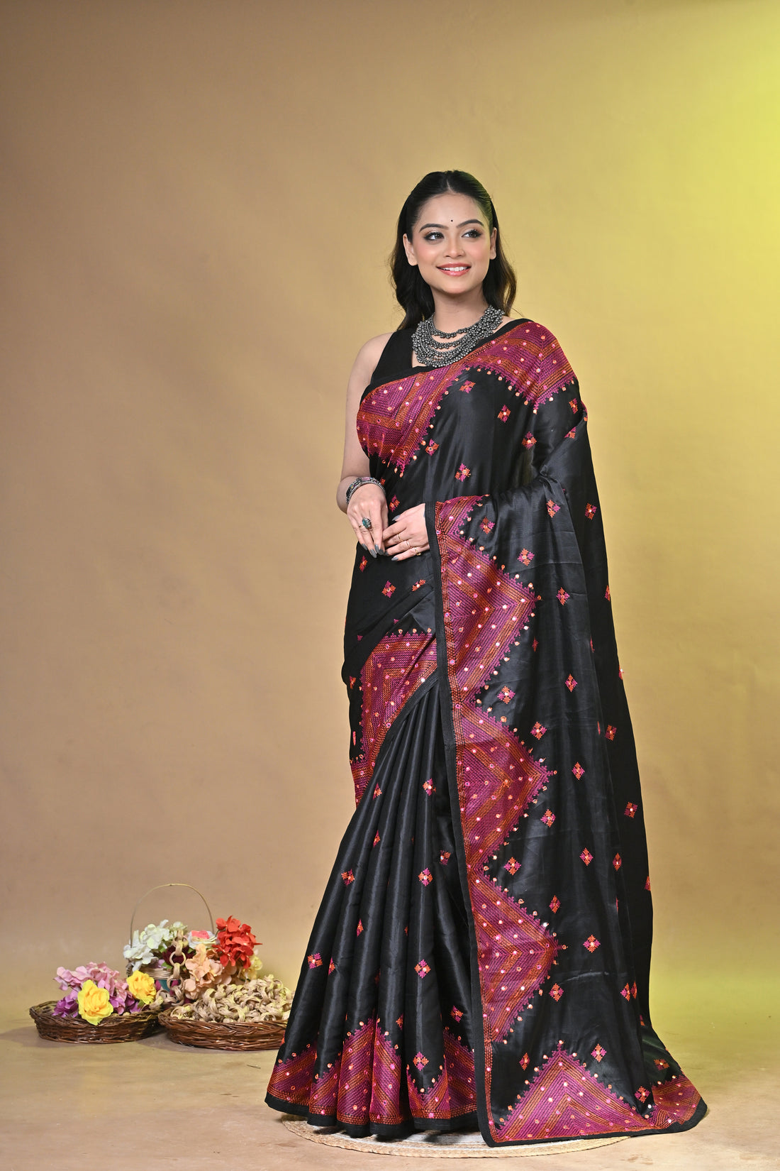Black Kachhi Dupion Silk Saree with Buti Motifs and Designer Border