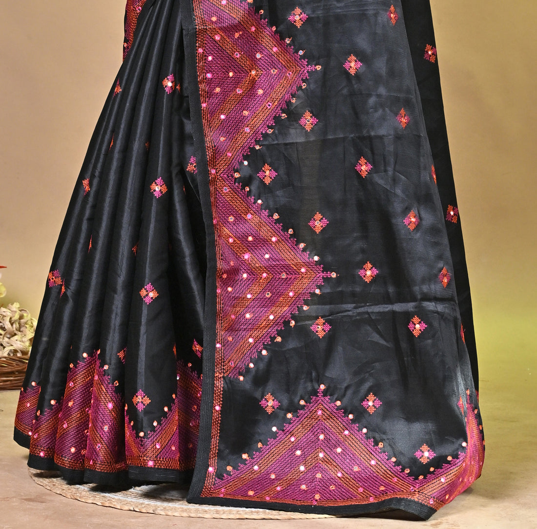 Black Kachhi Dupion Silk Saree with Buti Motifs and Designer Border