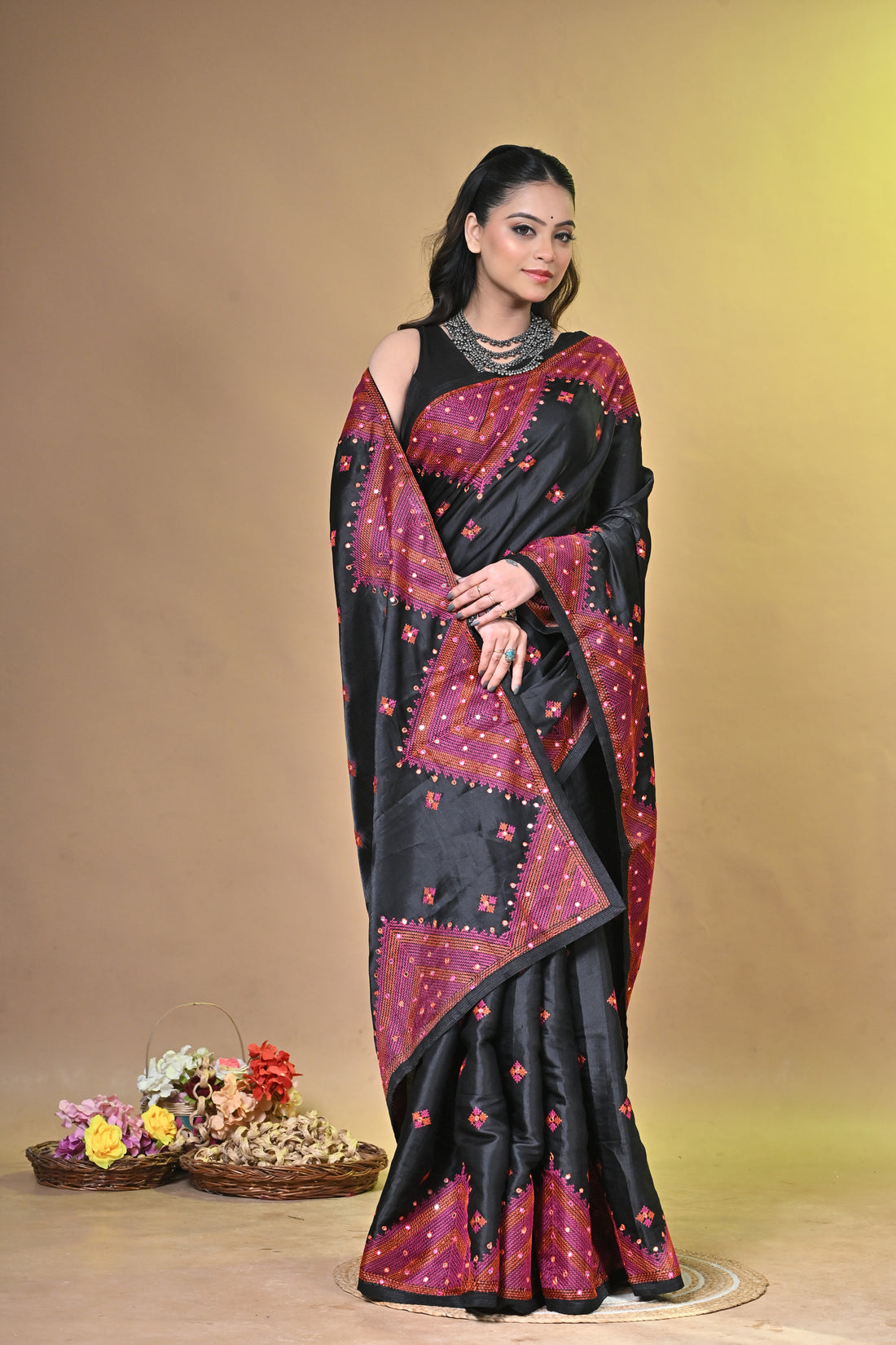 Black Kachhi Dupion Silk Saree with Buti Motifs and Designer Border