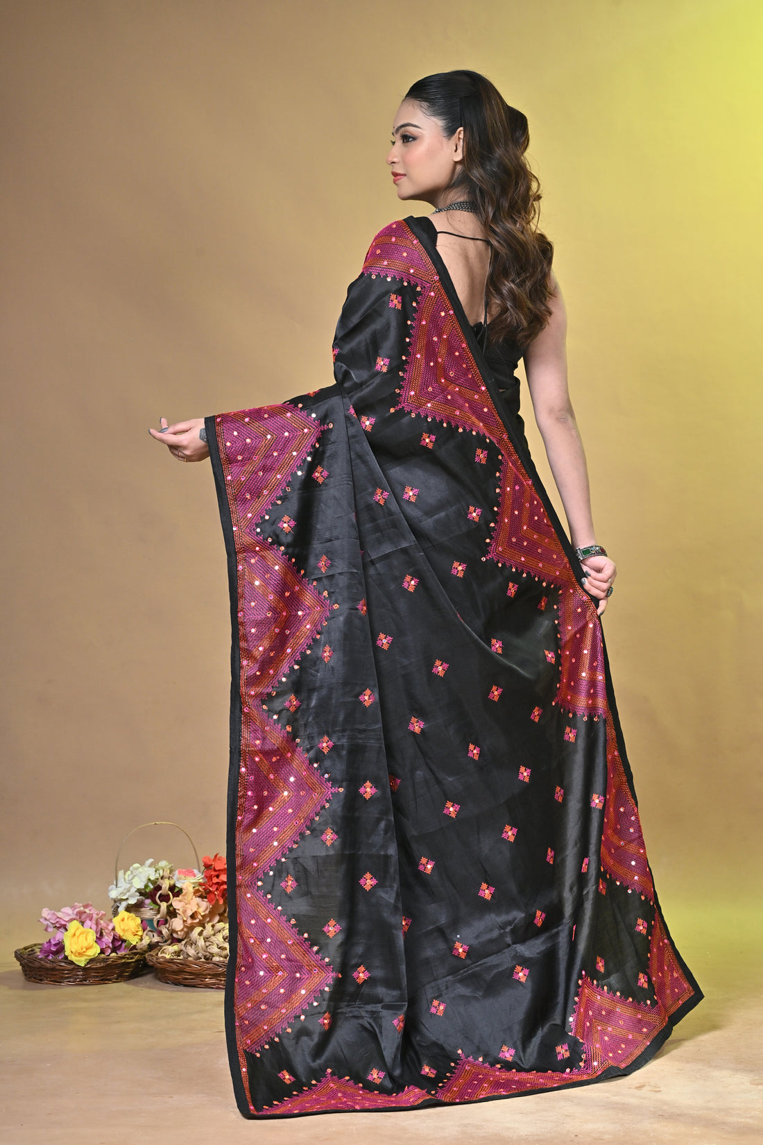 Black Kachhi Dupion Silk Saree with Buti Motifs and Designer Border