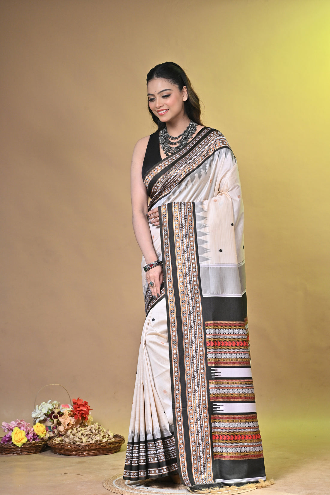 Cream Bomkai Semi Tassar Saree with Multicolor Buti Motifs
