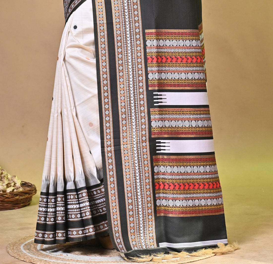 Cream Bomkai Semi Tassar Saree with Multicolor Buti Motifs