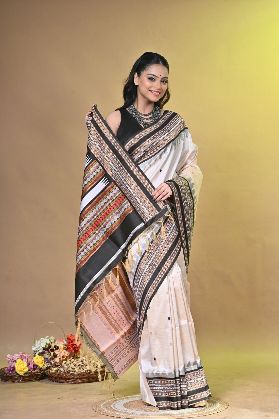 Cream Bomkai Semi Tassar Saree with Multicolor Buti Motifs