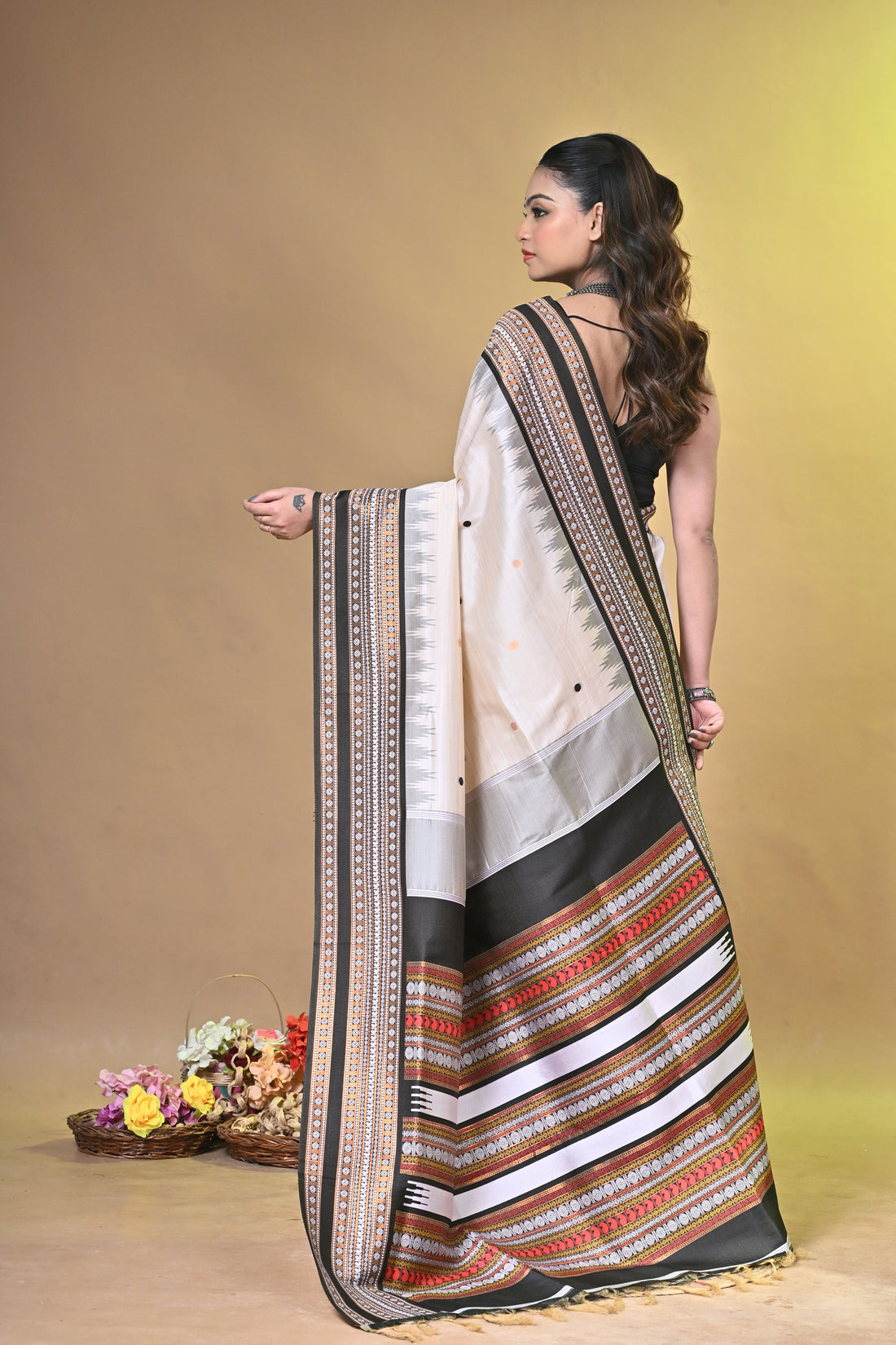 Cream Bomkai Semi Tassar Saree with Multicolor Buti Motifs