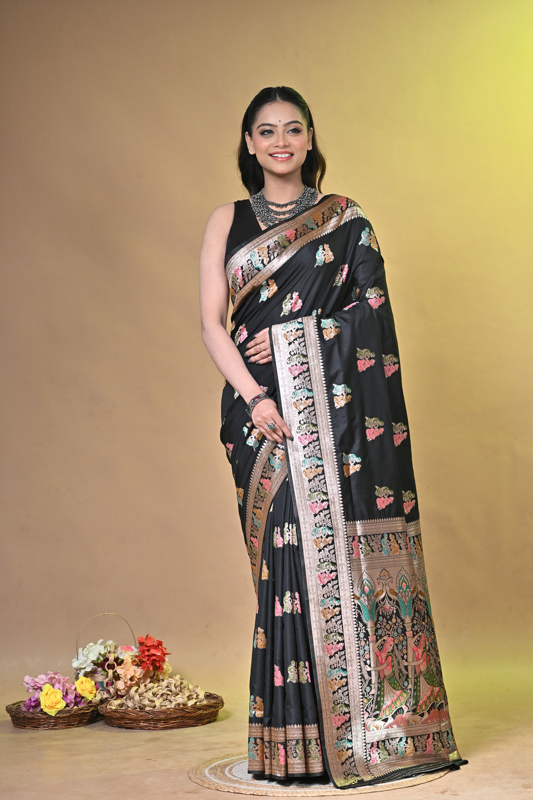 Black Semi Tussar Saree with Sarnachuri Woven Border and Floral Motifs