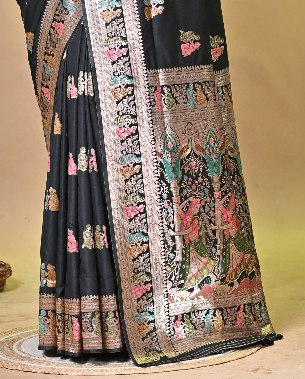 Black Semi Tussar Saree with Sarnachuri Woven Border and Floral Motifs